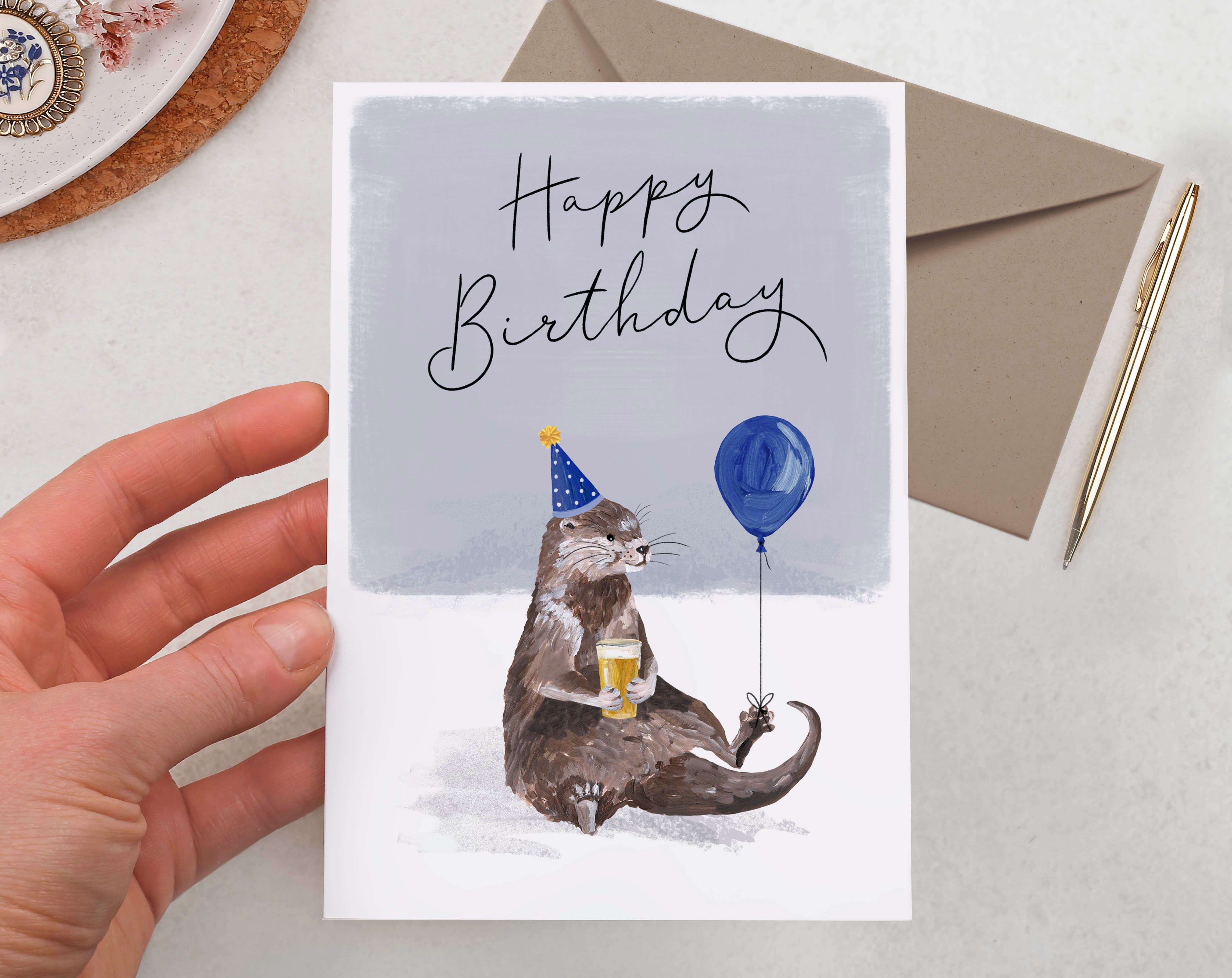 Otter With Beer Happy Birthday Card. Greeting & Note Cards designed by Making Meadows