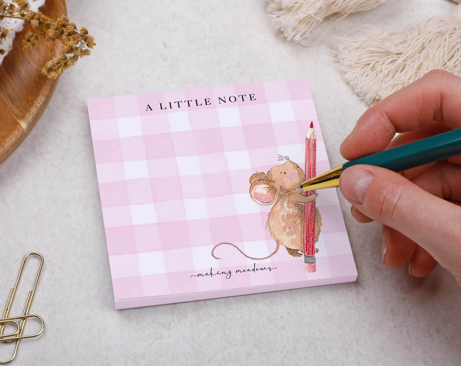Mouse Memo Pad Block - Small notepad with cute mouse illustration and pink checkered design.