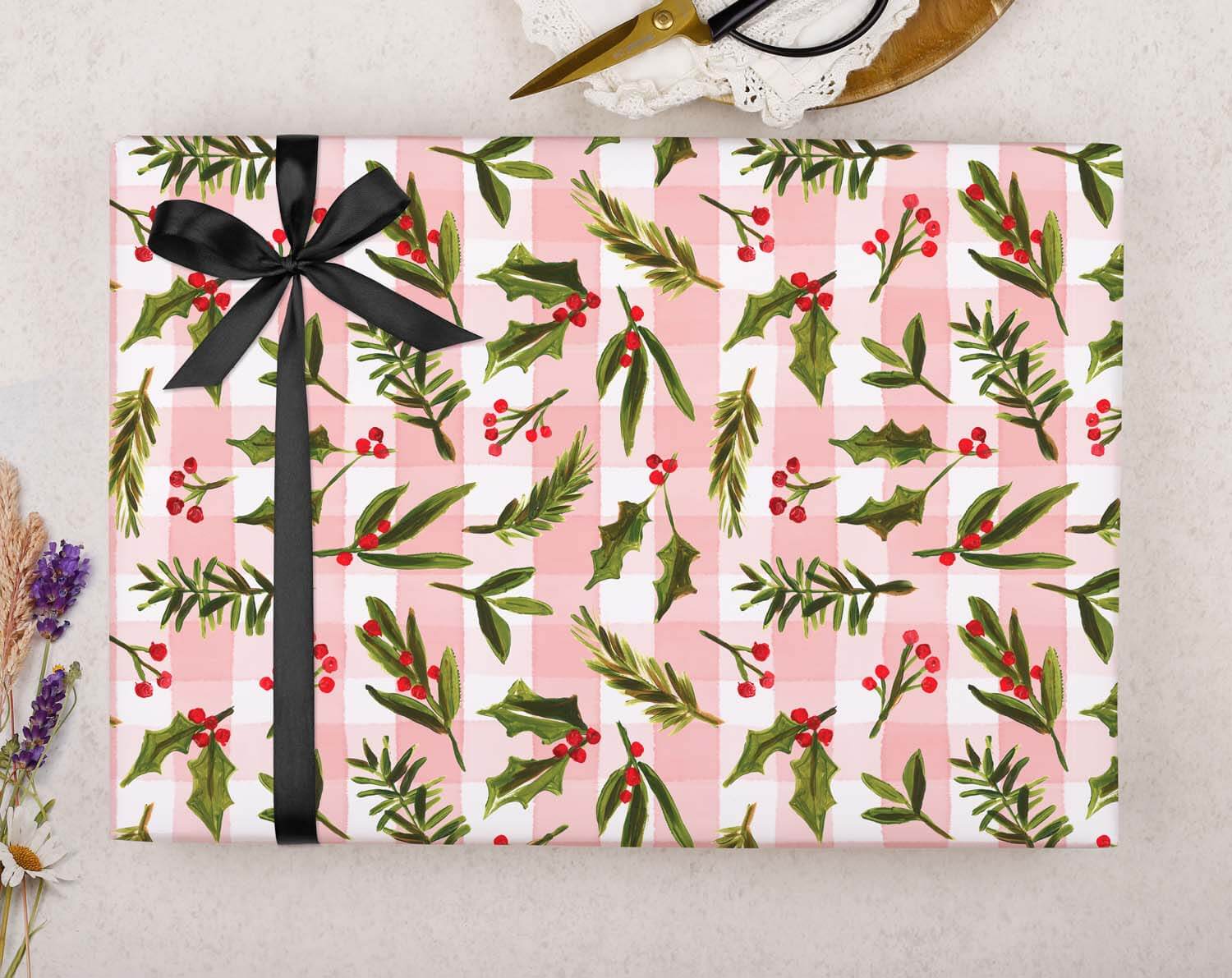 Mistletoe & Holly Christmas Wrapping Paper Pink designed by Making Meadows