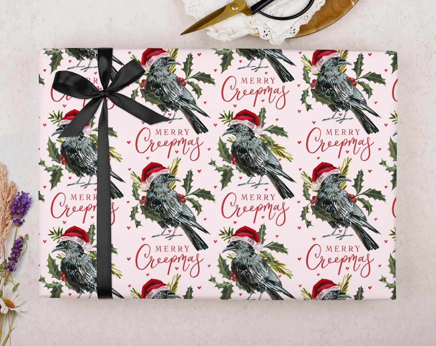 Gothic Raven Christmas Wrapping Paper Pink designed by Making Meadows