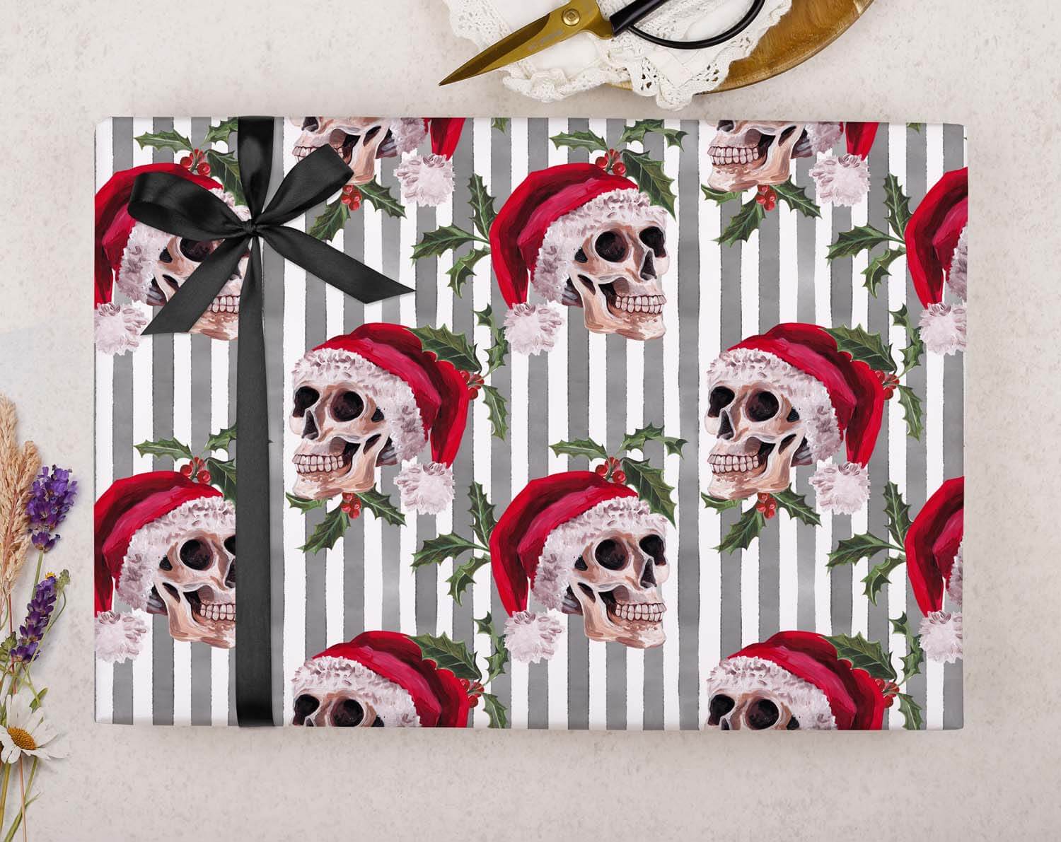 Gothic Skull Christmas Wrapping Paper Striped designed by Making Meadows