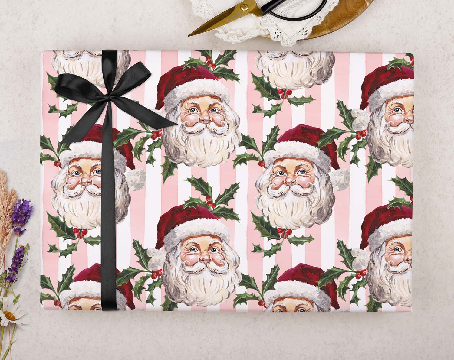 Vintage Santa & Mistletoe Christmas Wrapping Paper Pink designed by Making Meadows