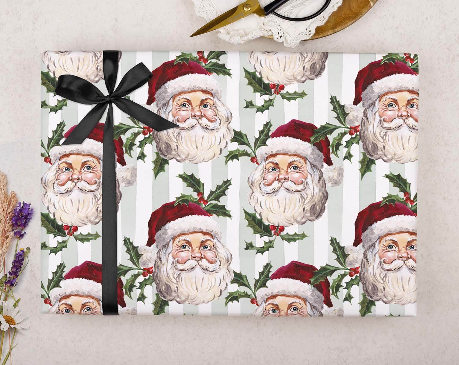 Vintage Santa & Mistletoe Christmas Wrapping Paper Green designed by Making Meadows