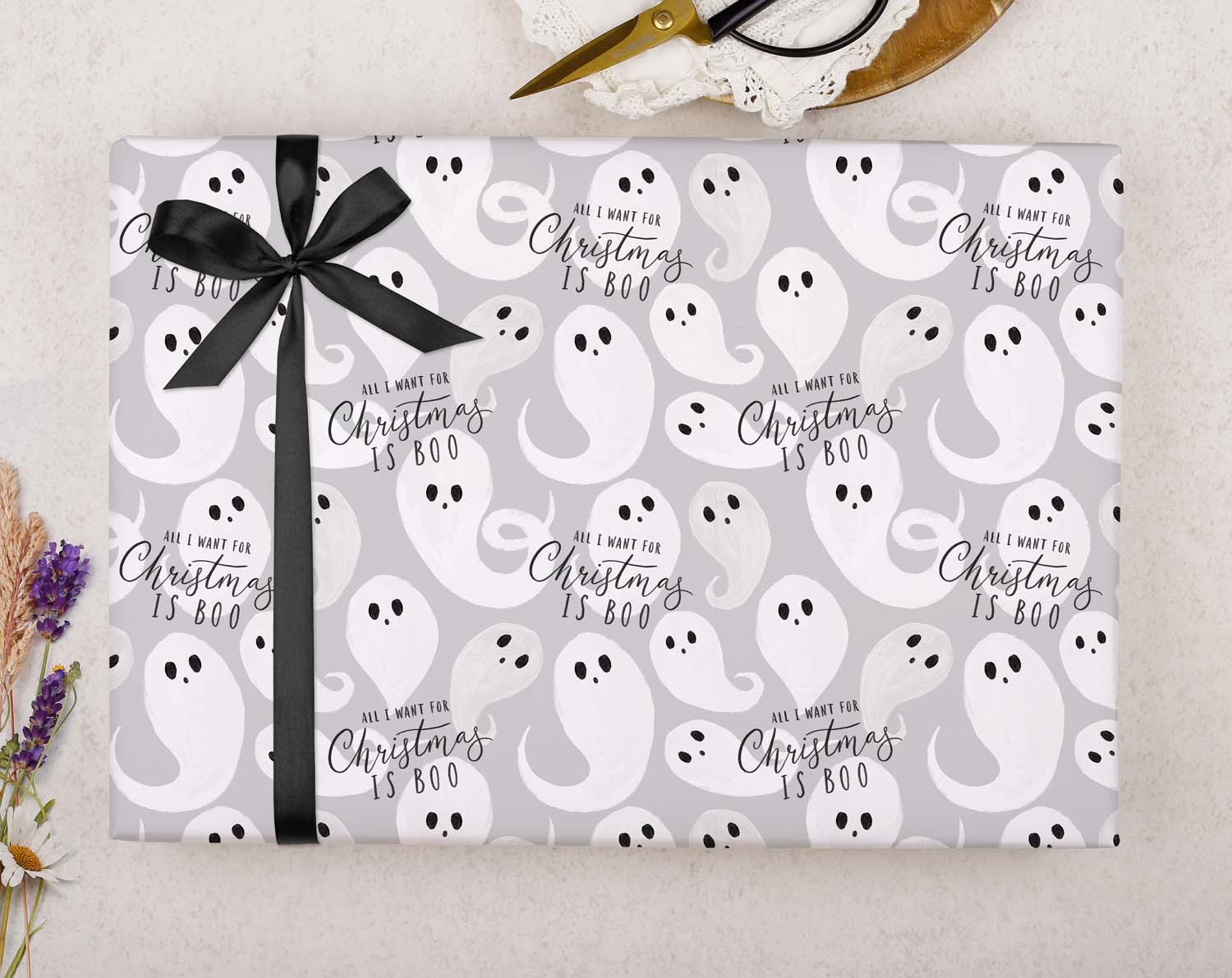 Grey Ghost Christmas Wrapping Paper designed by Making Meadows