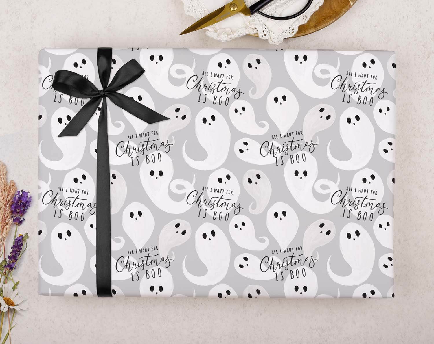 Grey Ghost Christmas Wrapping Paper designed by Making Meadows
