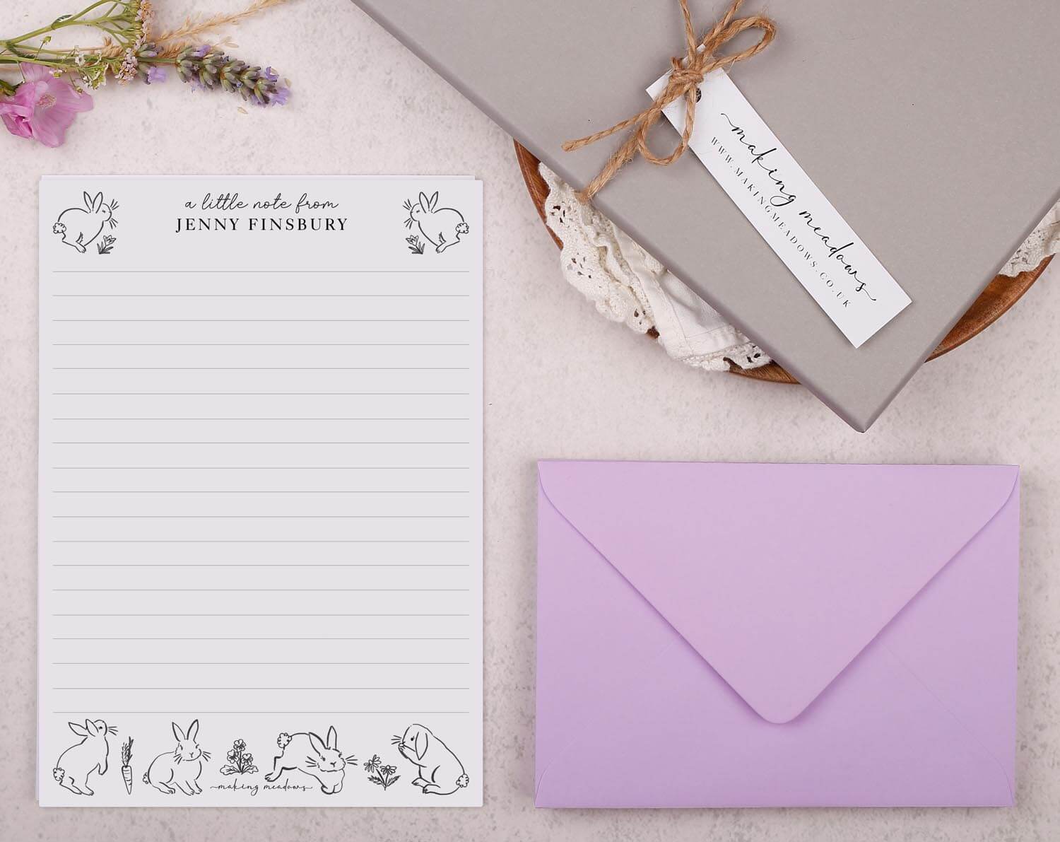 Personalised A5 writing paper with Bunny Rabbits. Stationery designed by Making Meadows
