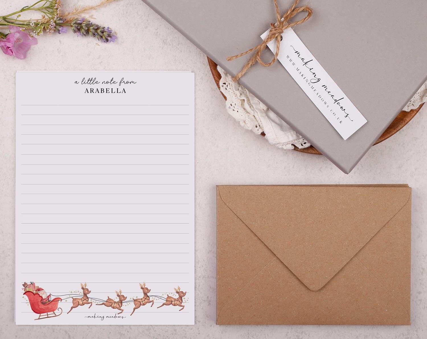 Personalised A5 writing paper with Christmas Santa Sleigh. Stationery designed by Making Meadows