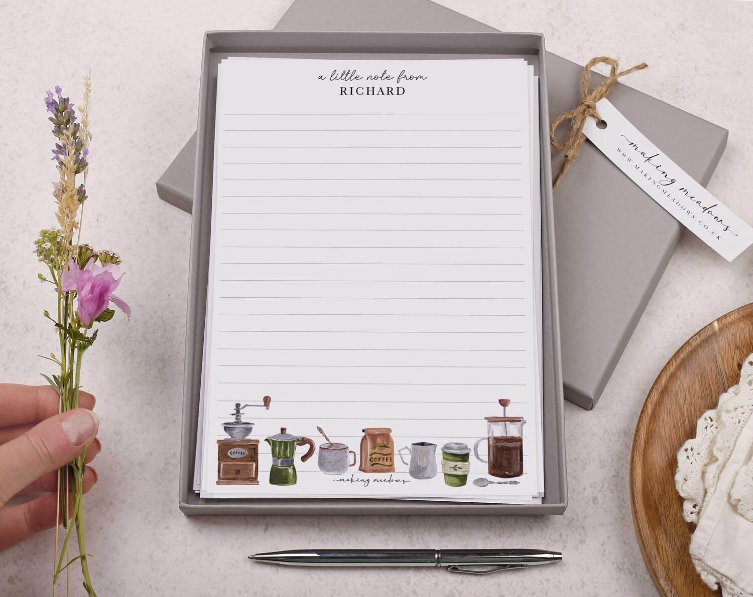 Personalised A5 writing paper with Coffee. Stationery designed by Making Meadows
