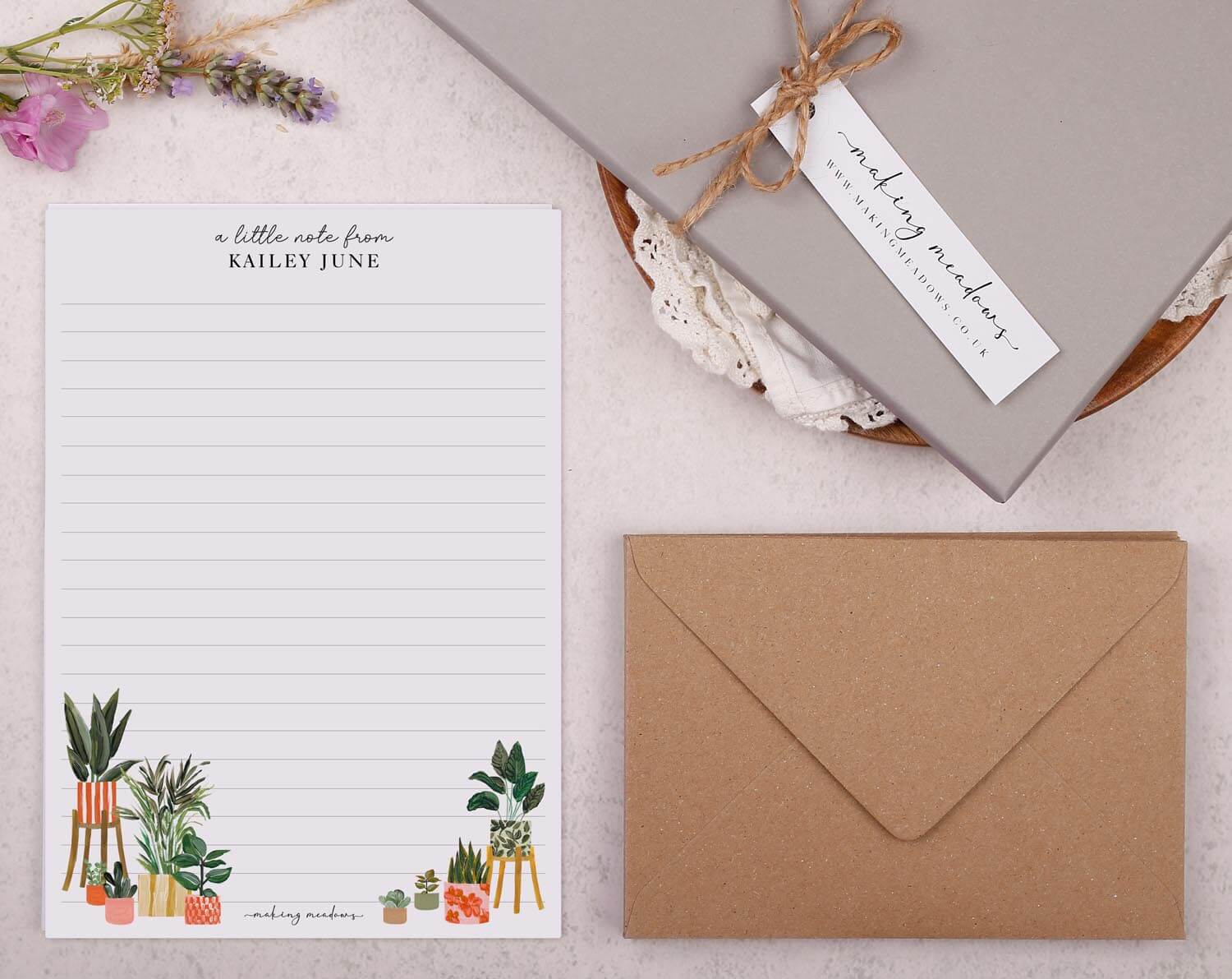 Personalised A5 writing paper with House & Garden Plants. Stationery designed by Making Meadows