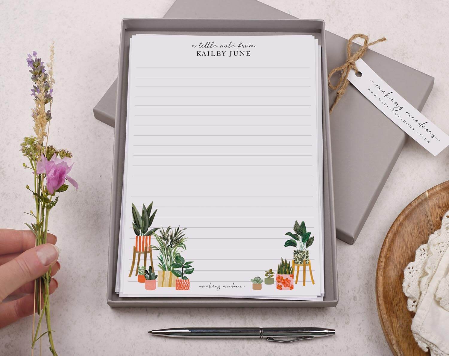 Personalised A5 writing paper with House & Garden Plants. Stationery designed by Making Meadows