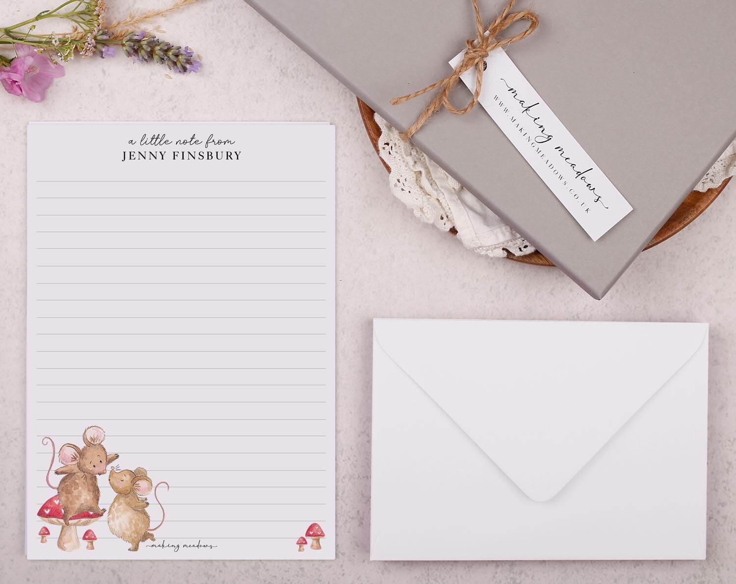Personalised A5 writing paper with Mice On Mushroom. Stationery designed by Making Meadows