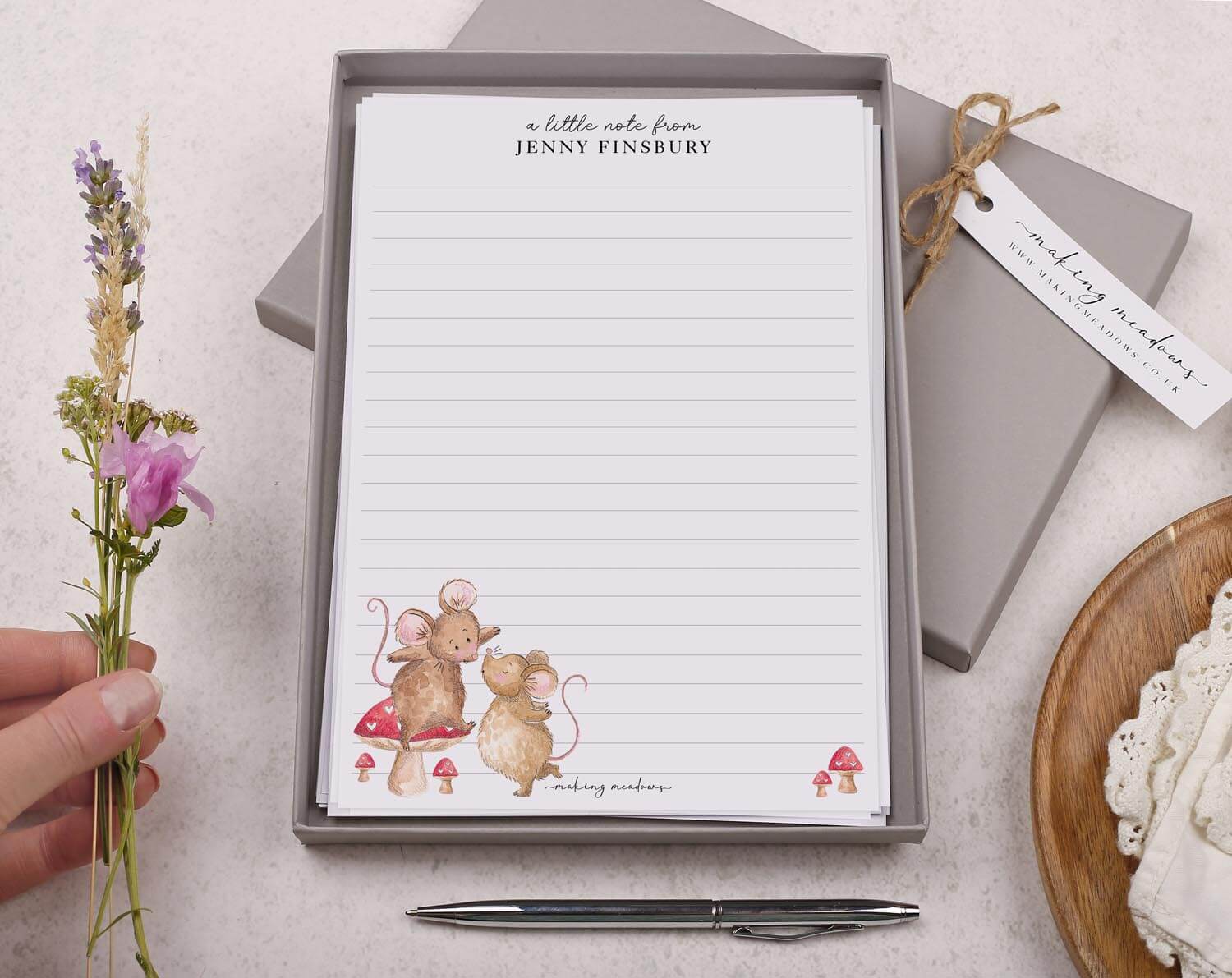 Personalised A5 writing paper with Mice On Mushroom. Stationery designed by Making Meadows