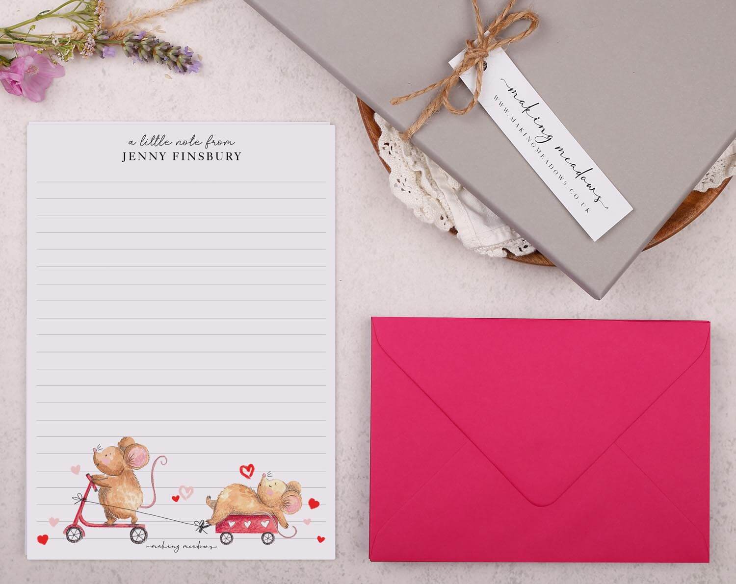 Personalised A5 writing paper with Mice & Scooter. Stationery designed by Making Meadows