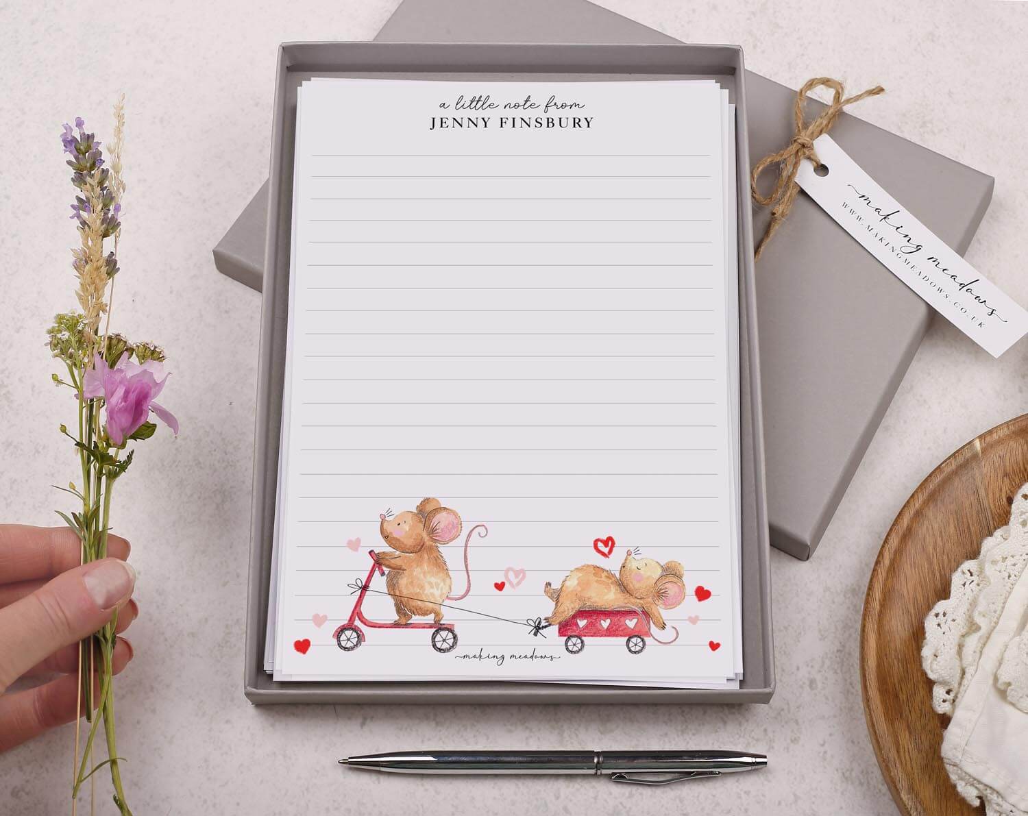 Personalised A5 writing paper with Mice & Scooter. Stationery designed by Making Meadows