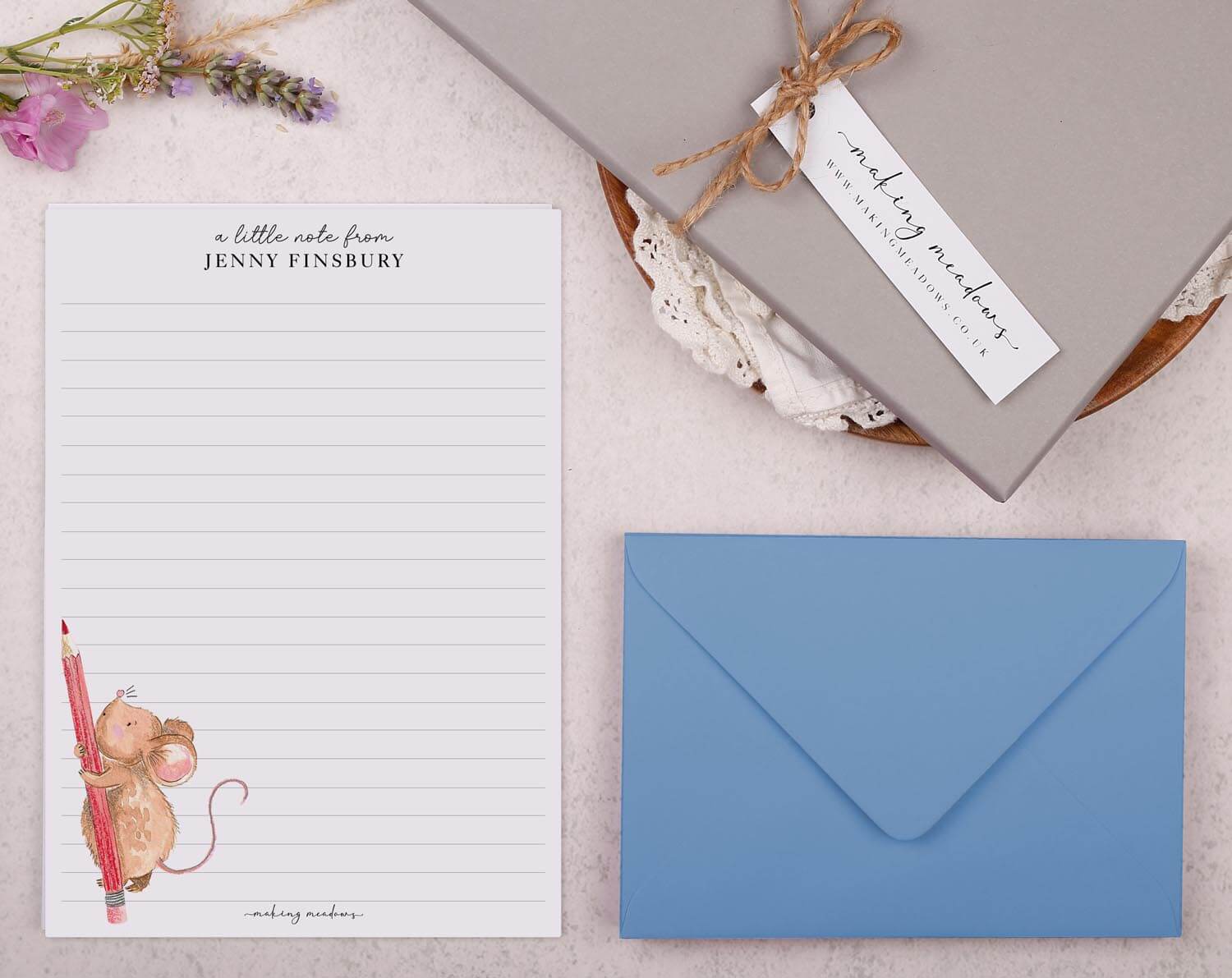 Personalised A5 writing paper with Mouse & Pencil. Stationery designed by Making Meadows