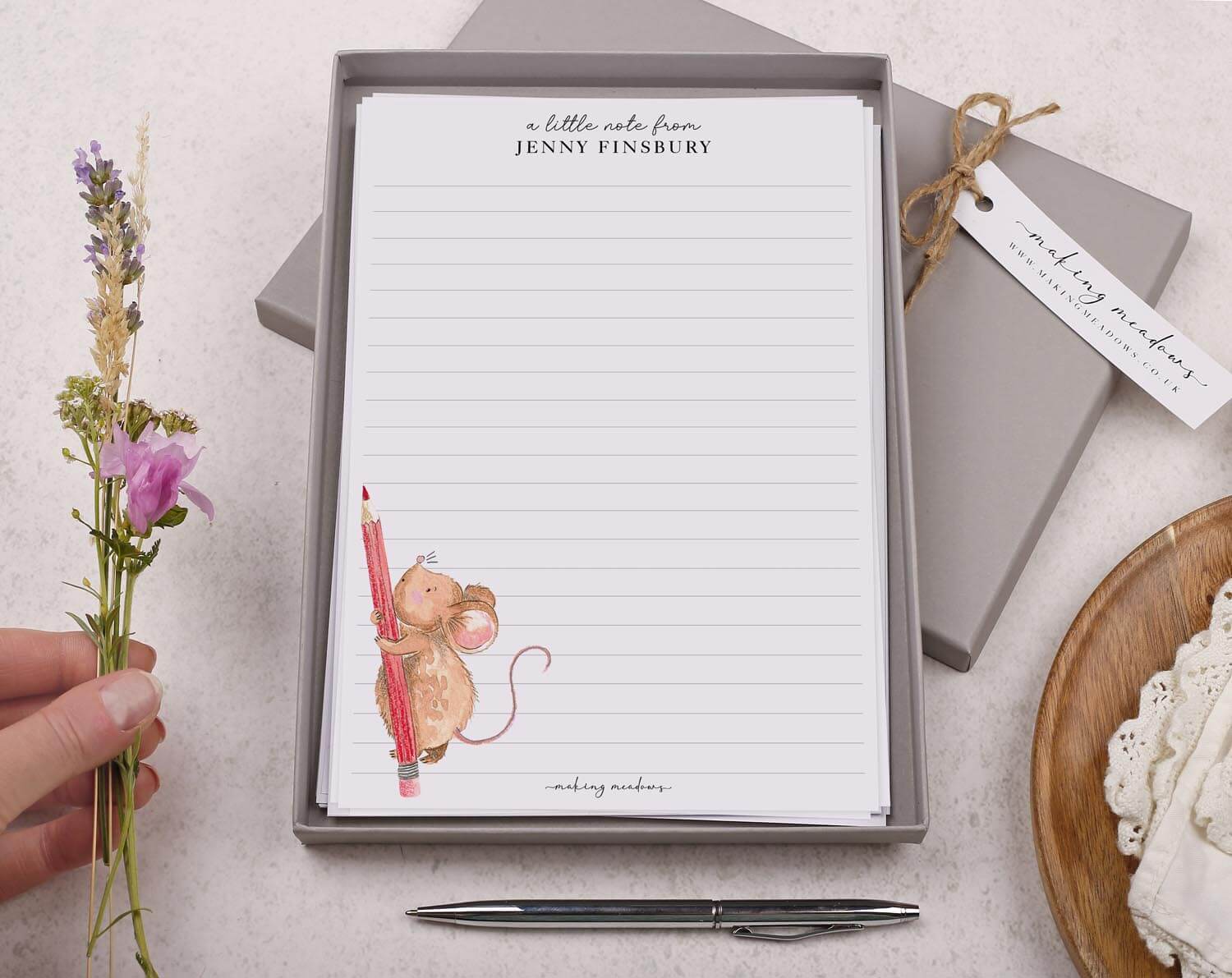 Personalised A5 writing paper with Mouse & Pencil. Stationery designed by Making Meadows
