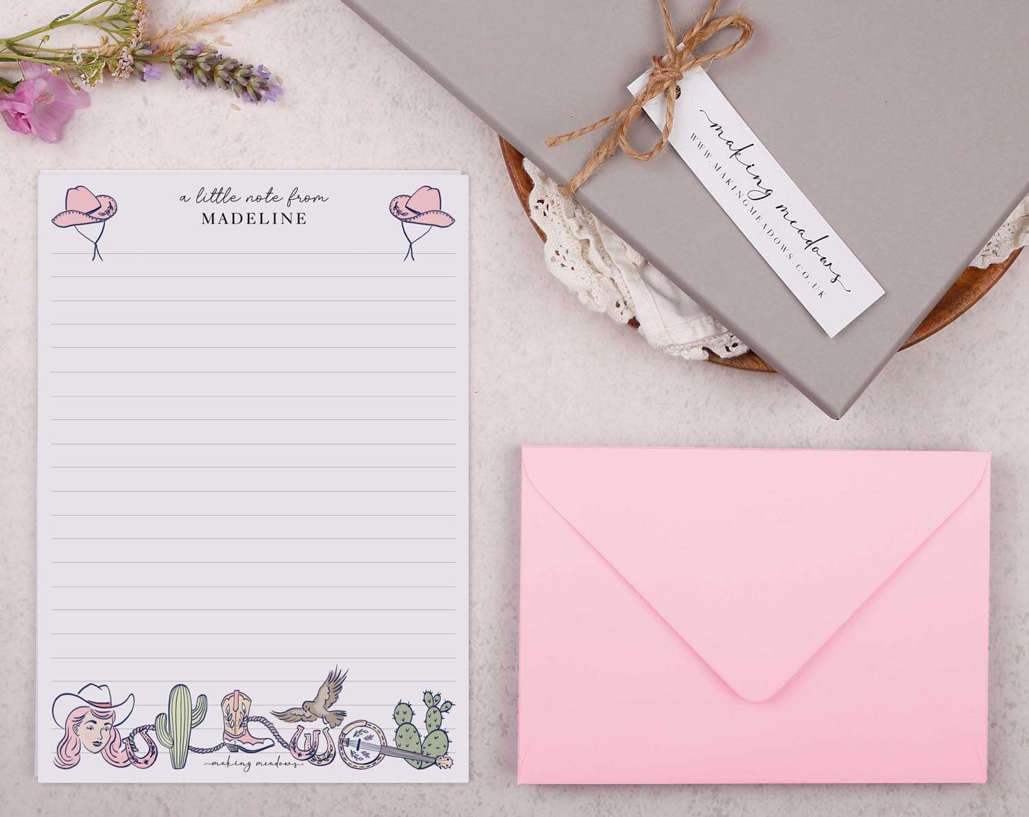 Personalised A5 writing paper with Rodeo Cowgirl. Stationery designed by Making Meadows