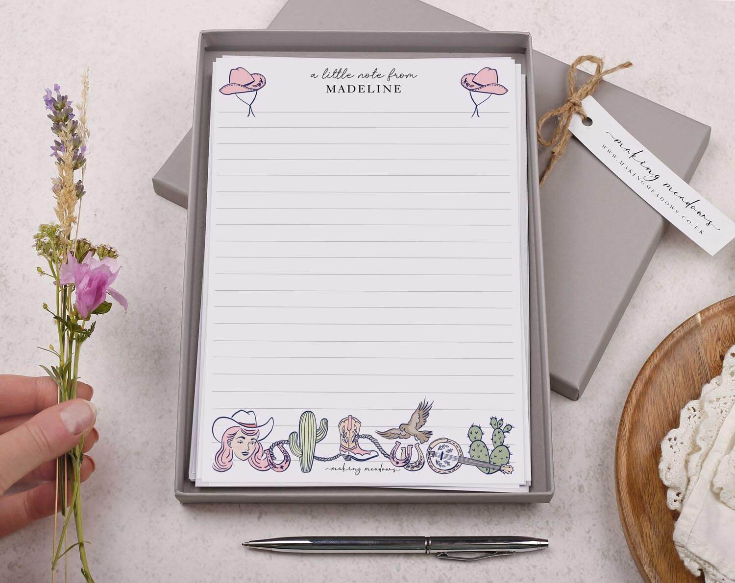 Personalised A5 writing paper with Rodeo Cowgirl. Stationery designed by Making Meadows