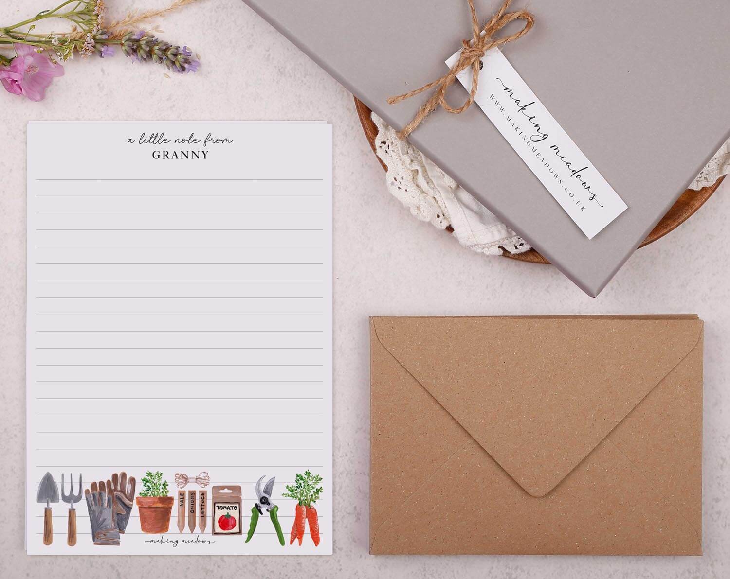 Personalised A5 writing paper with Vegetable Gardening. Stationery designed by Making Meadows