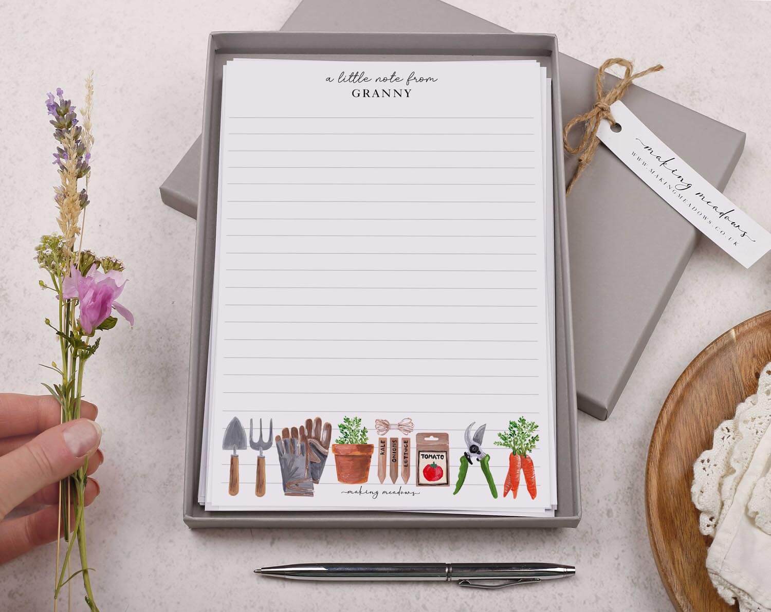 Personalised A5 writing paper with Vegetable Gardening. Stationery designed by Making Meadows