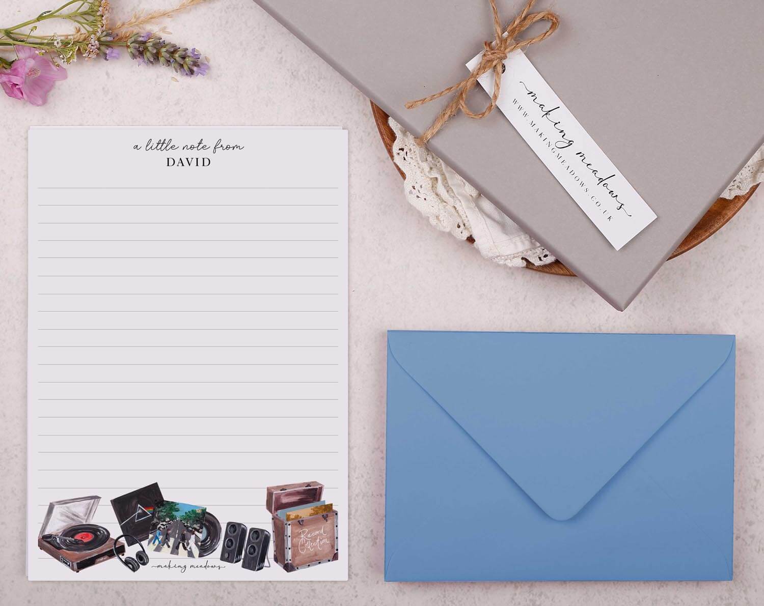 Personalised A5 writing paper with Vinyl Record Player. Stationery designed by Making Meadows