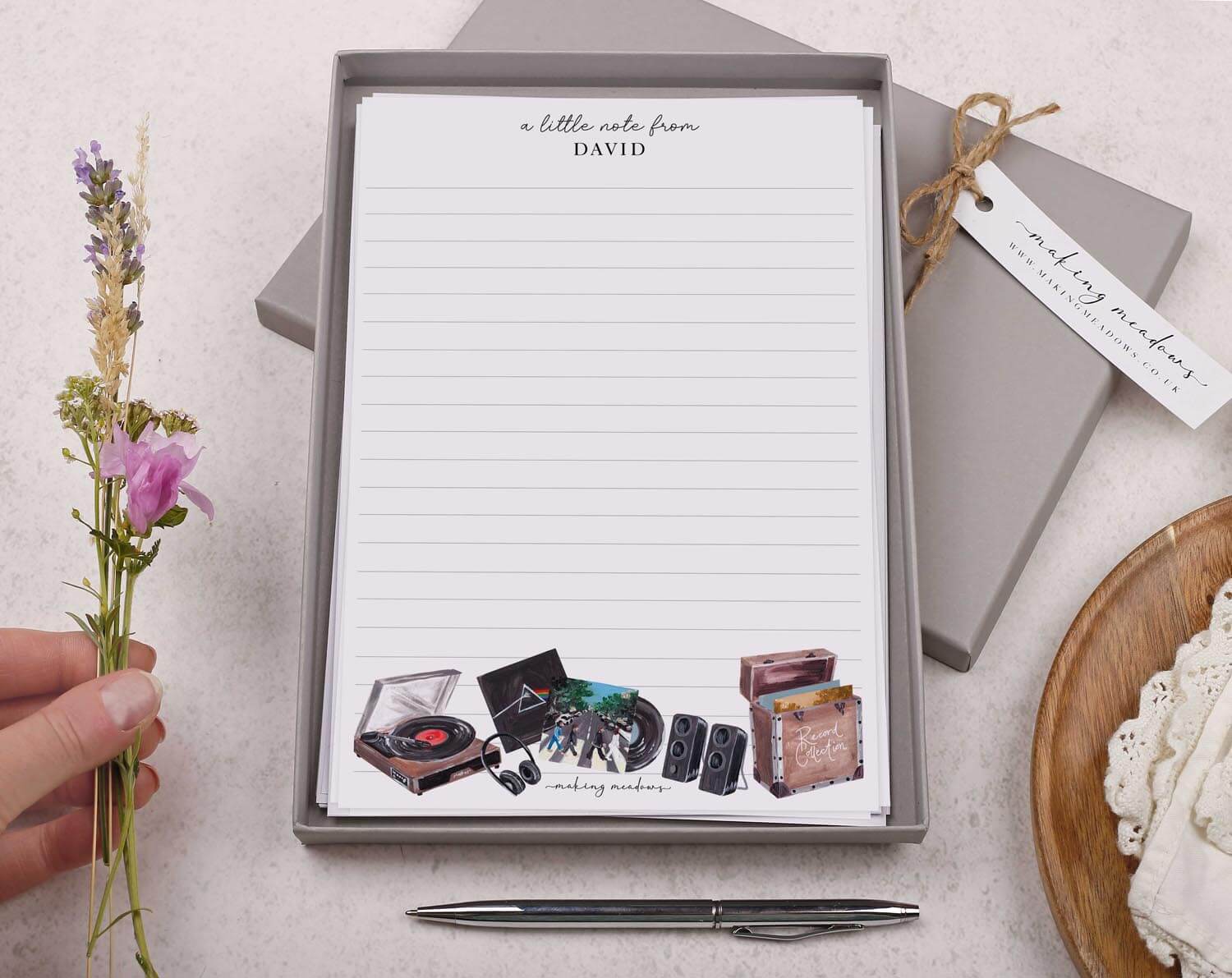 Personalised A5 writing paper with Vinyl Record Player. Stationery designed by Making Meadows