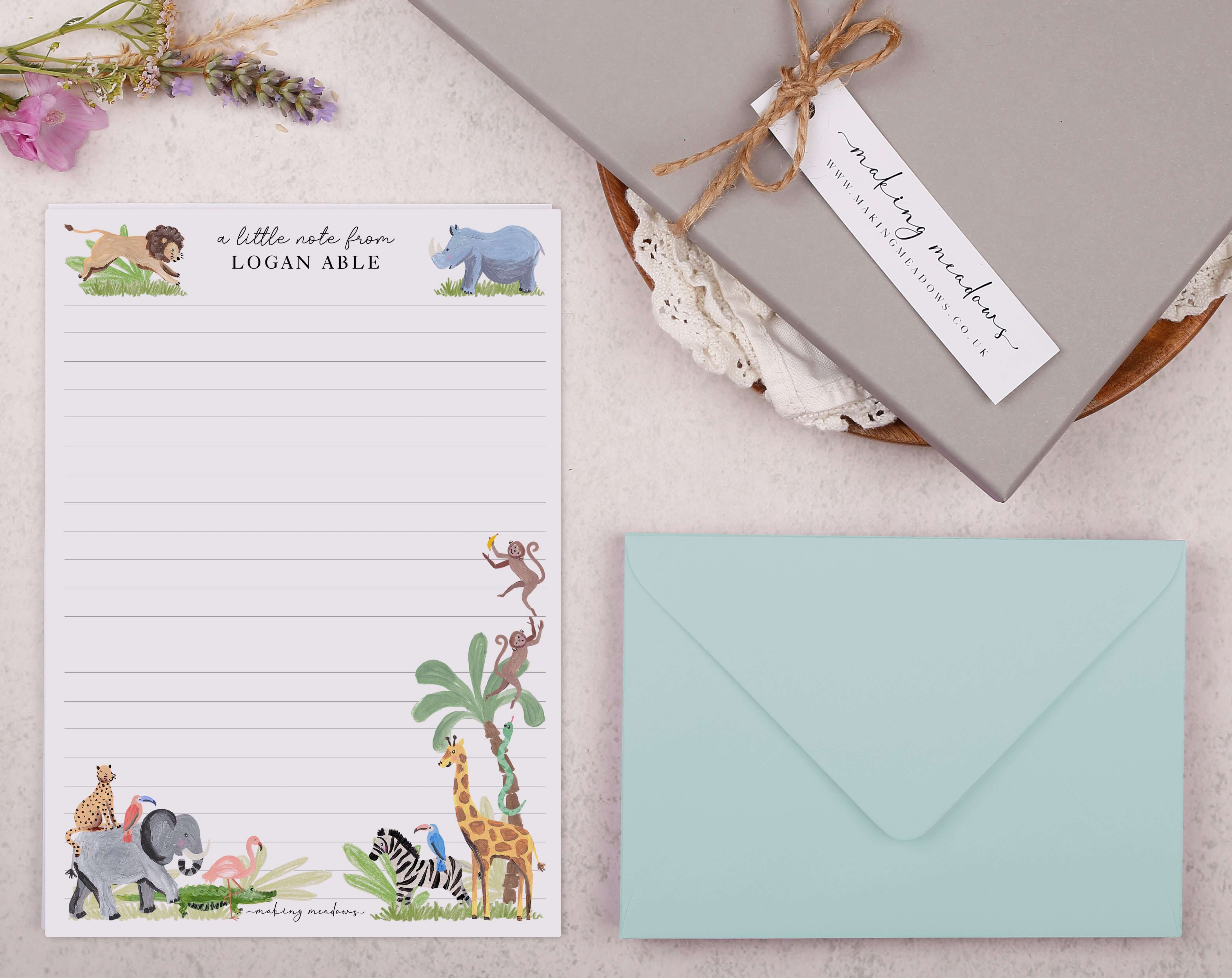 Personalised A5 writing paper with animal safari. Stationery designed by Making Meadows
