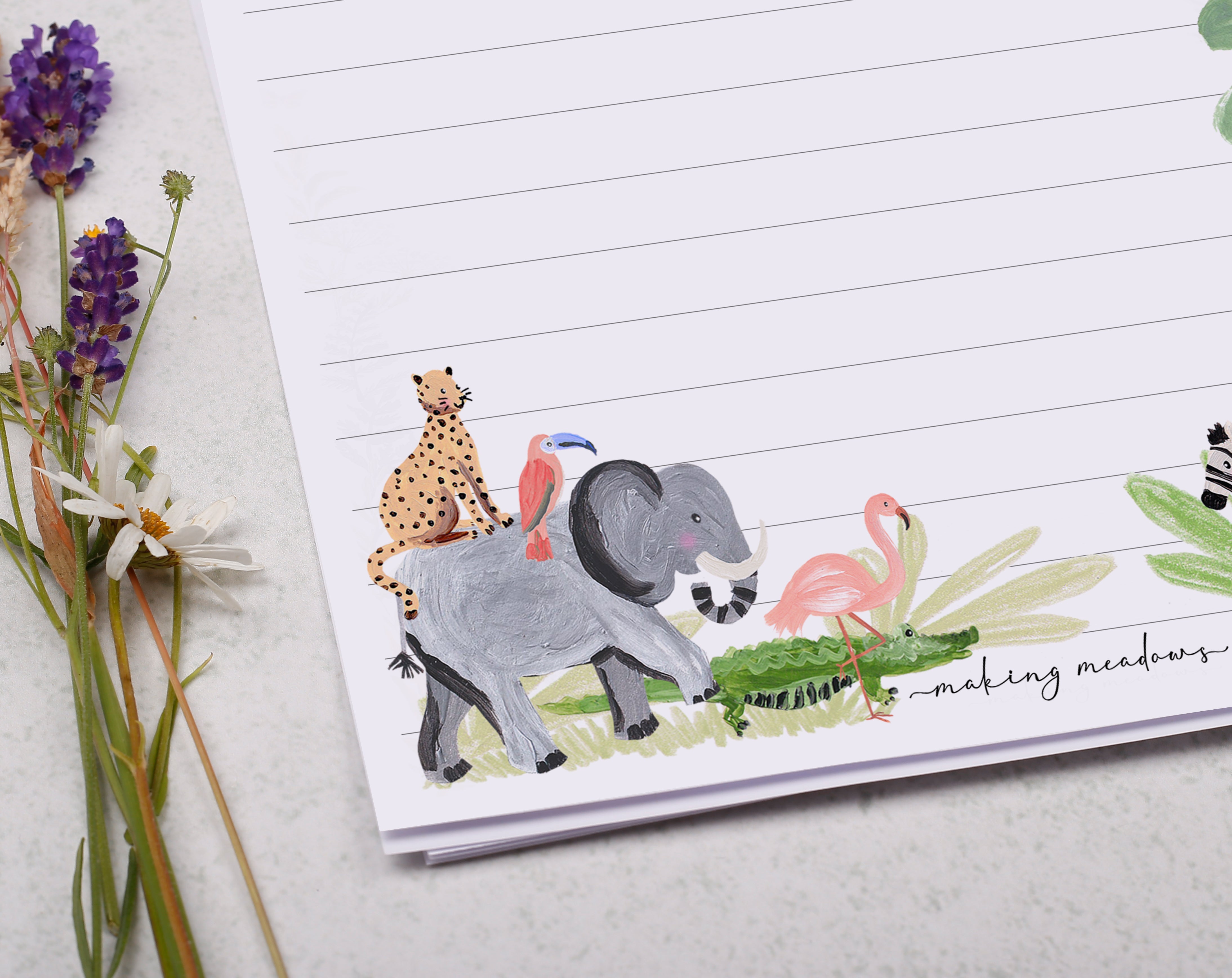 Personalised A5 writing paper with animal safari. Stationery designed by Making Meadows