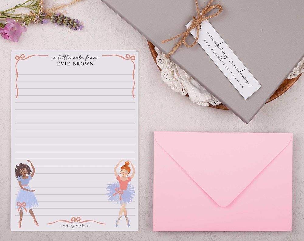 Personalised A5 writing paper with ballet dancers. Stationery designed by Making Meadows