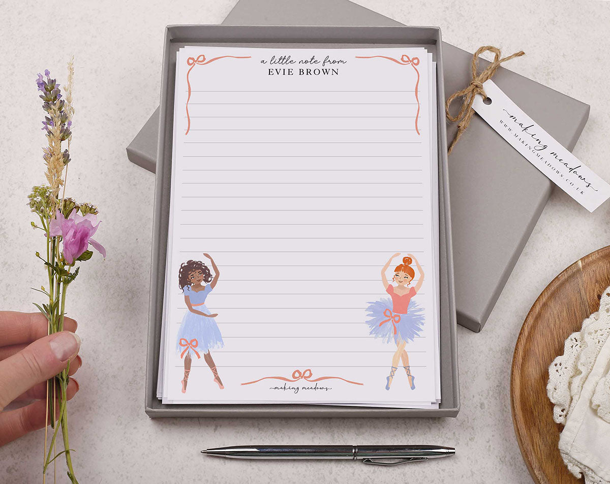 Personalised A5 writing paper with ballet dancers. Stationery designed by Making Meadows