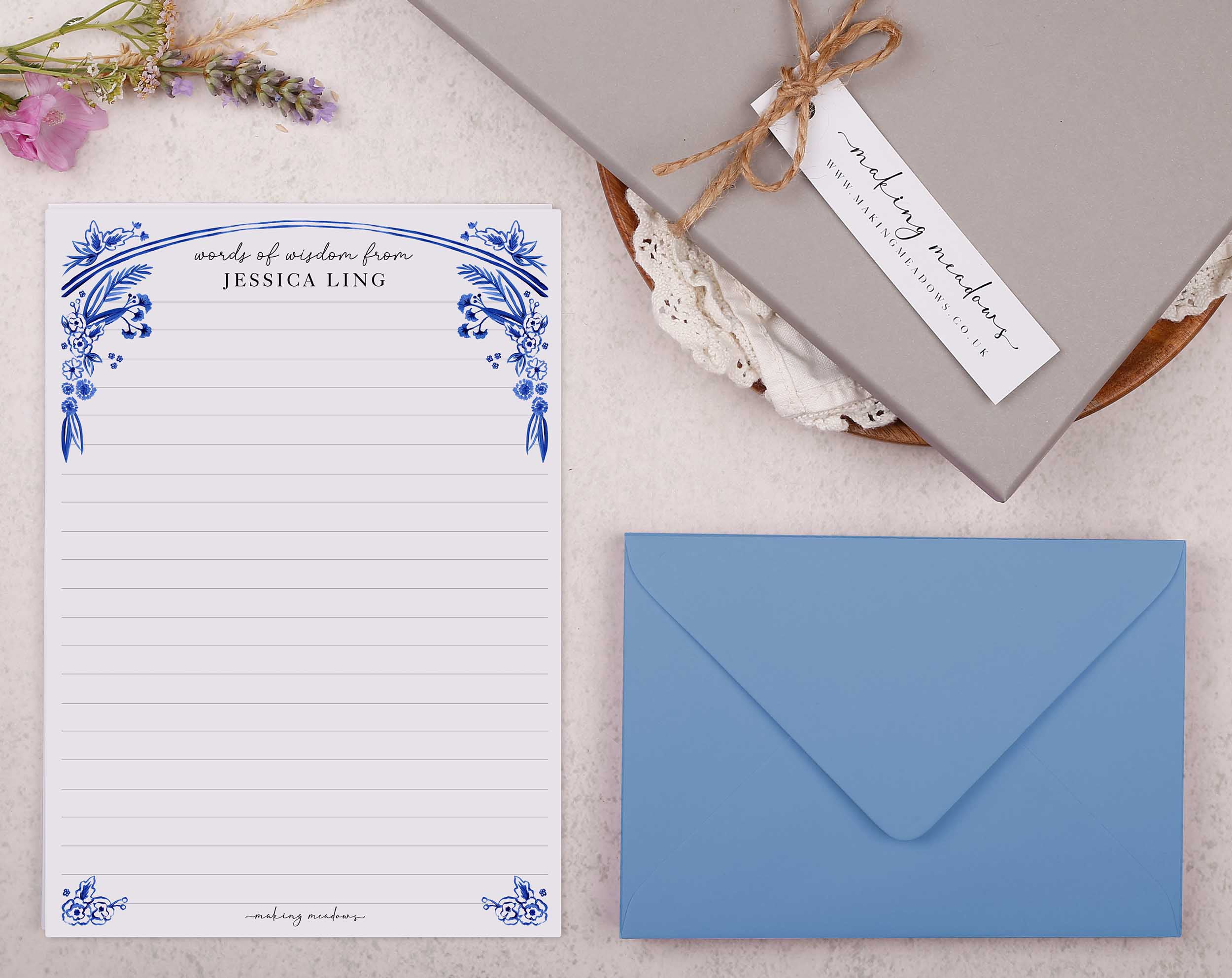 Personalised A5 writing paper with blue Japanese flowers. Stationery designed by Making Meadows