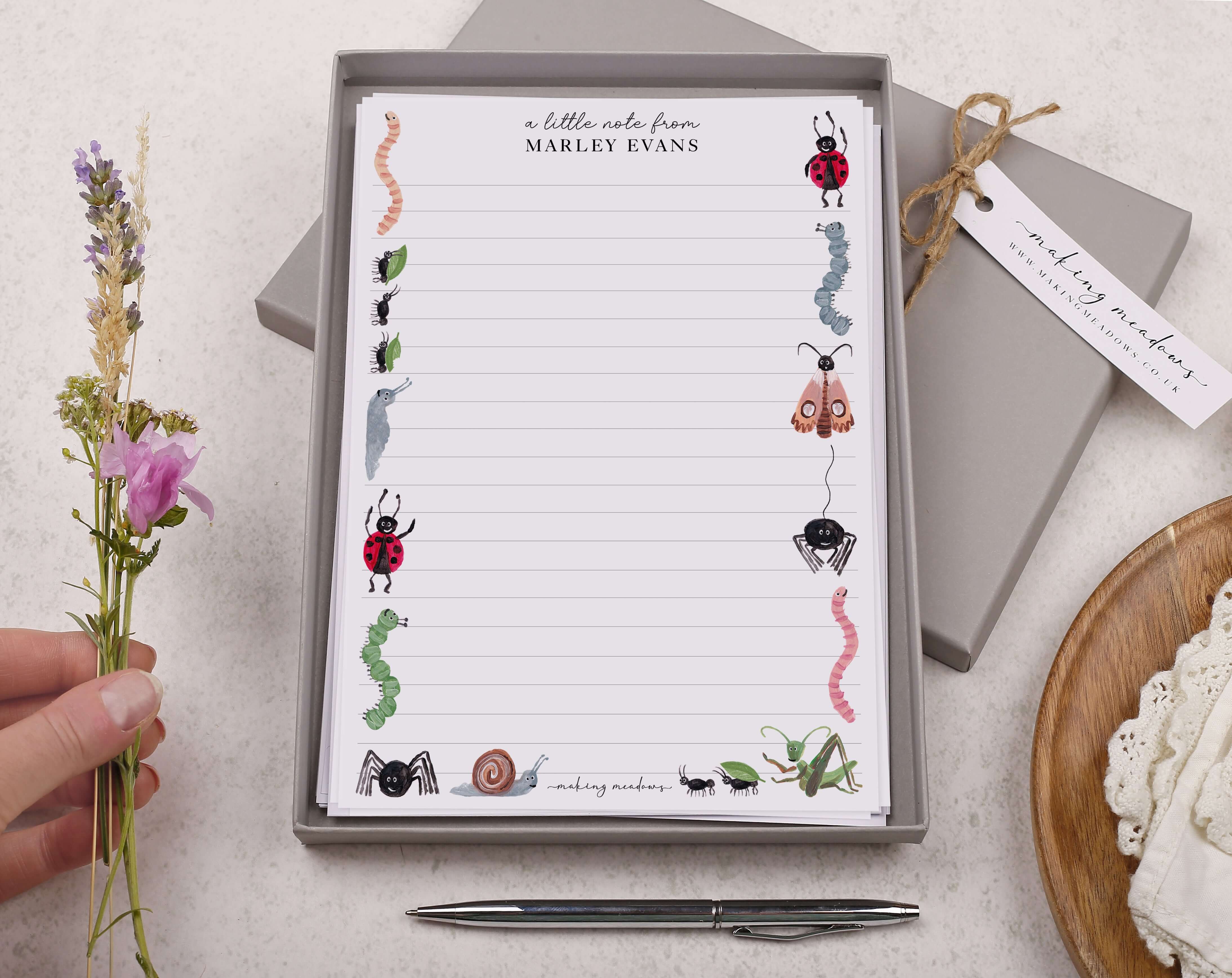 Personalised A5 writing paper with bugs & insects. Stationery designed by Making Meadows