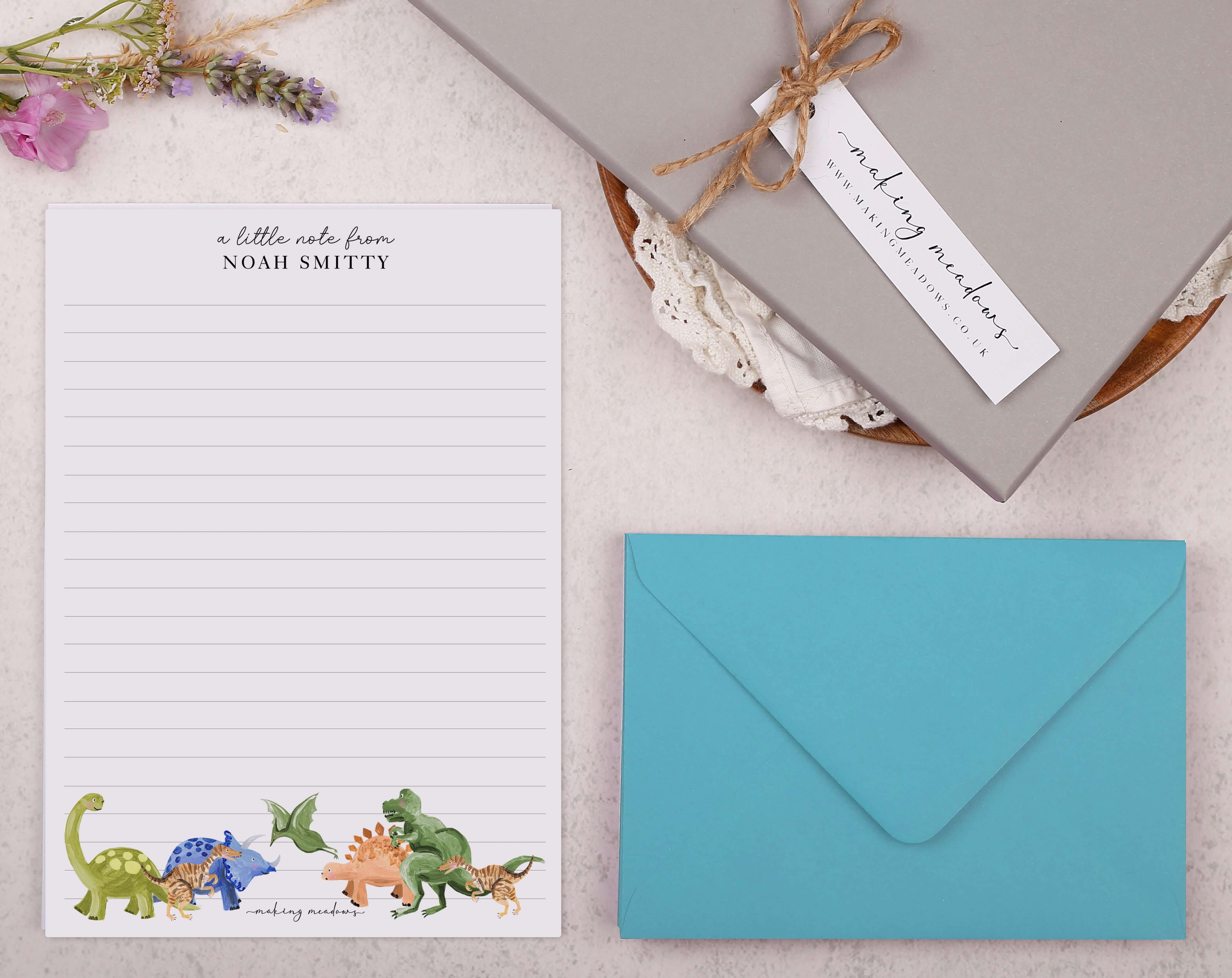 Personalised A5 writing paper with dinosaurs. Stationery designed by Making Meadows