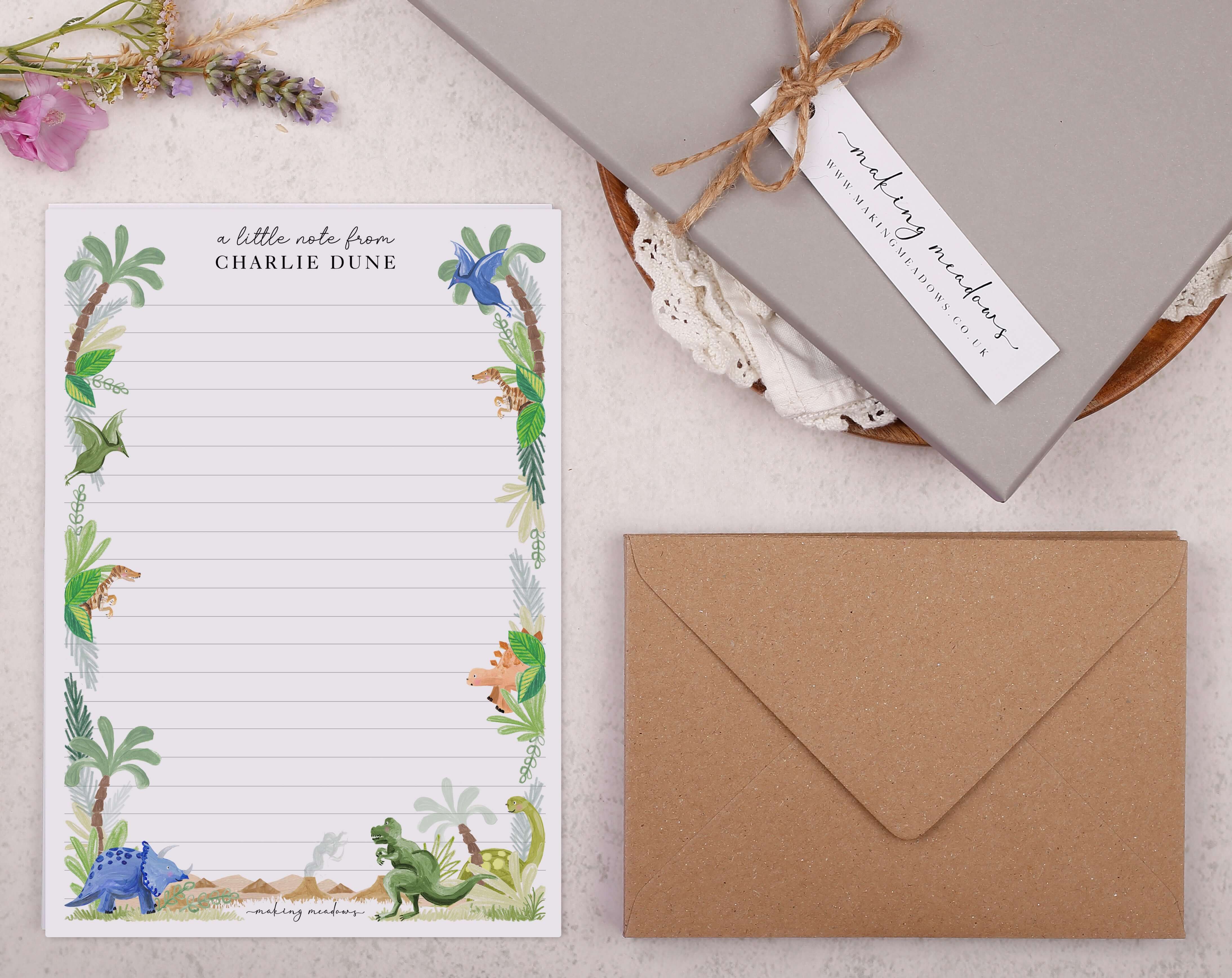Personalised A5 writing paper with jungle dinosaurs. Stationery designed by Making Meadows