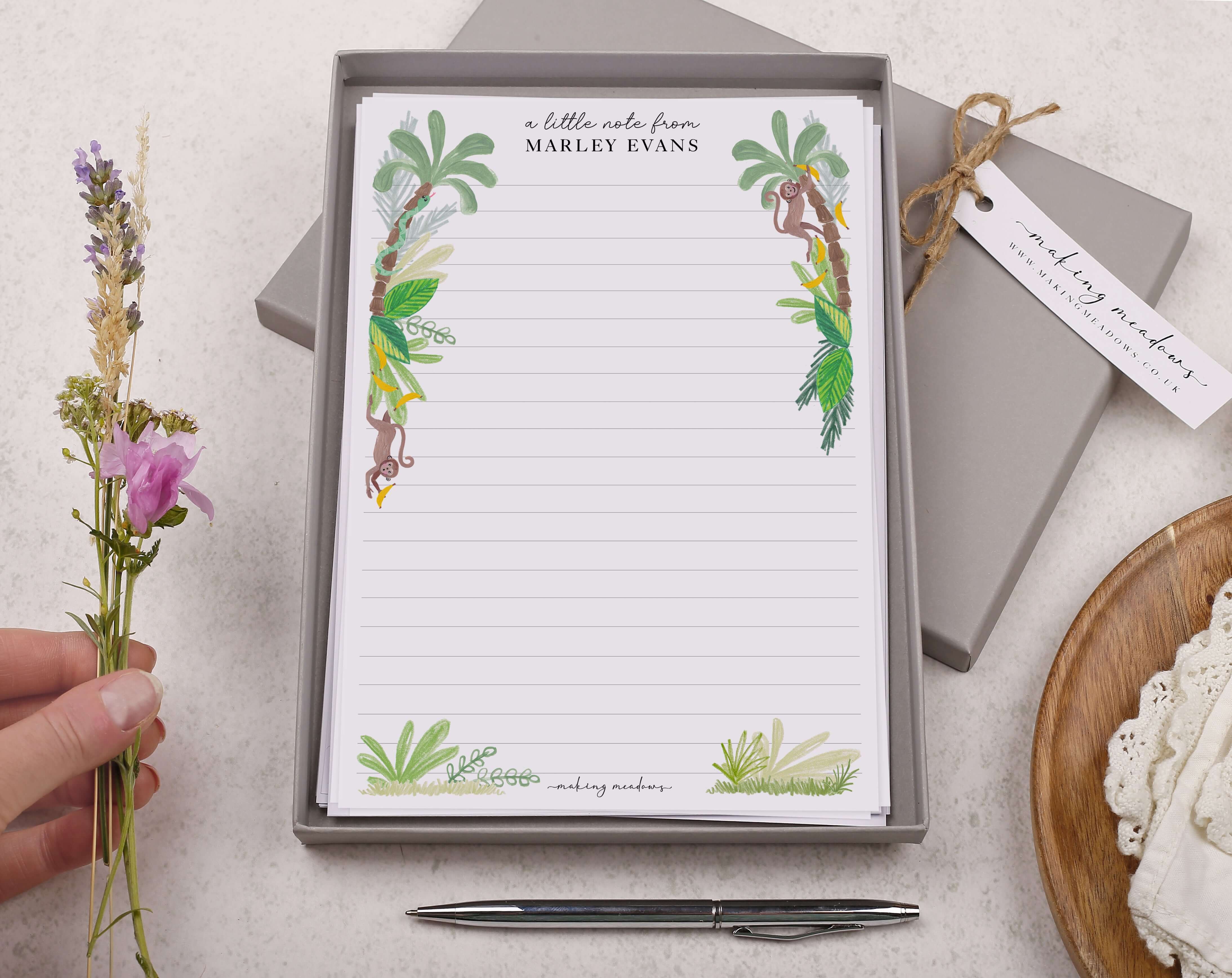 Personalised A5 writing paper with monkeys. Stationery designed by Making Meadows