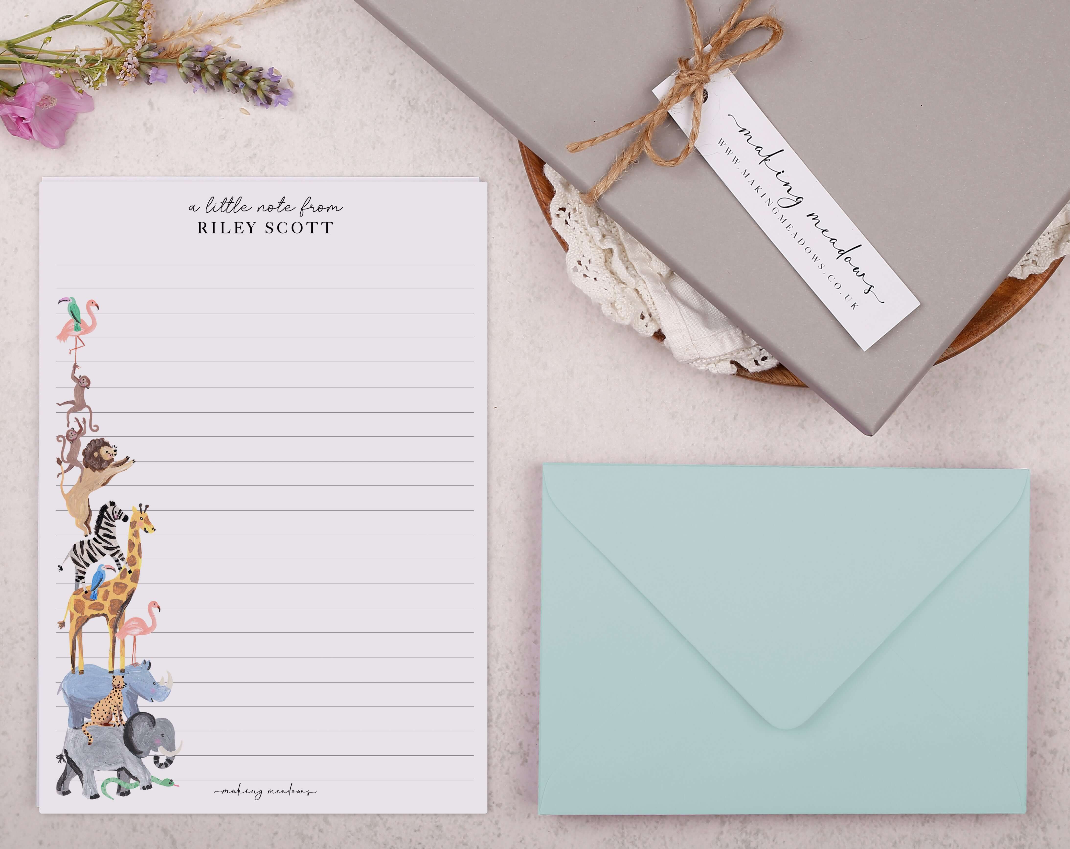Personalised A5 writing paper with zoo animals. Stationery designed by Making Meadows