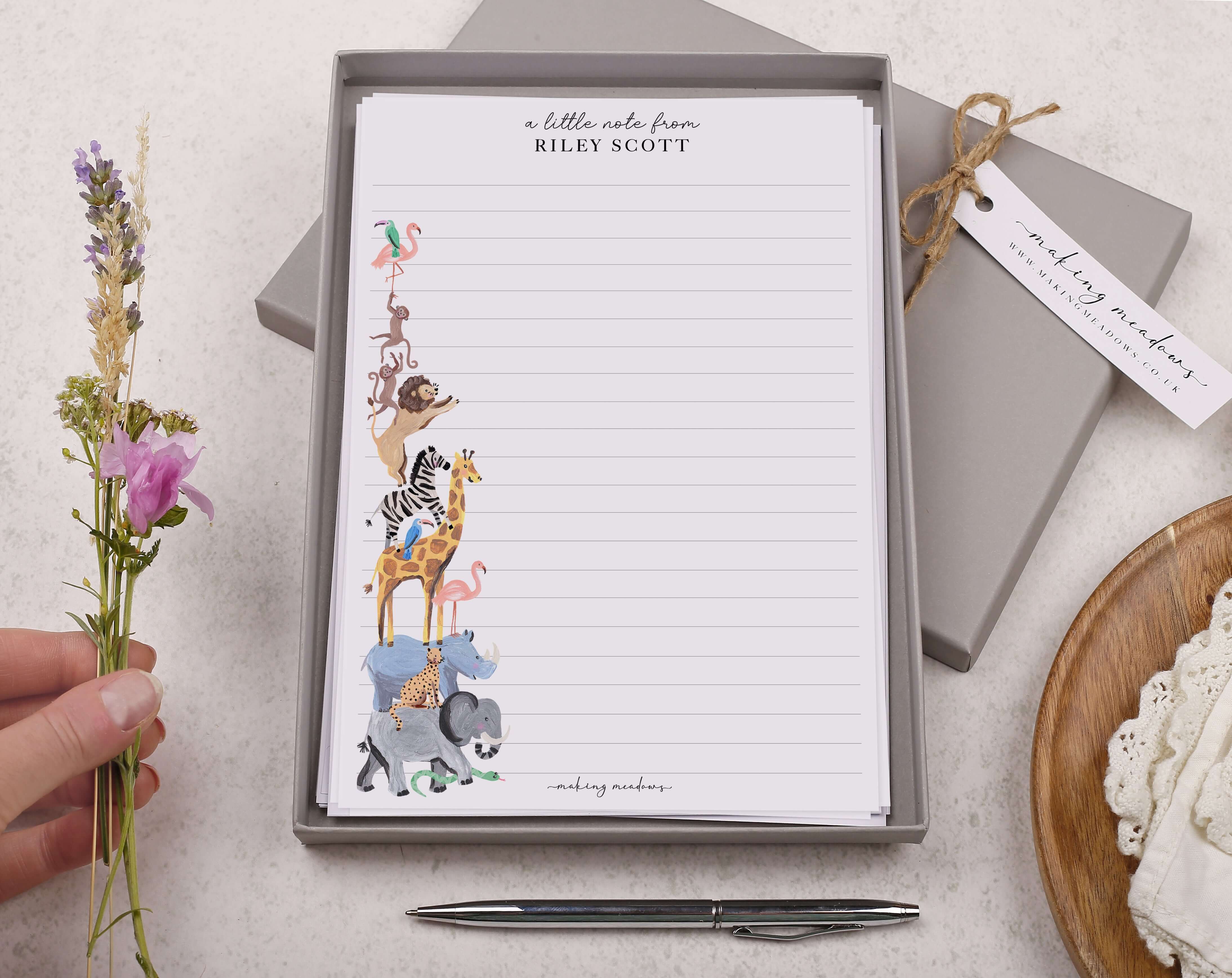 Personalised A5 writing paper with zoo animals. Stationery designed by Making Meadows