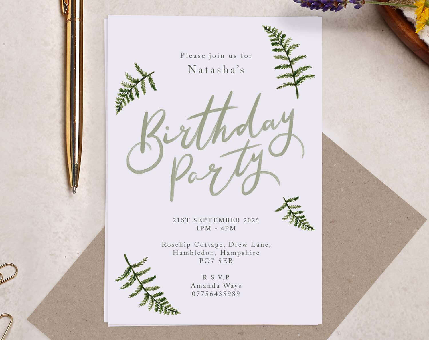 Personalised A6 Botanical Birthday Invitation