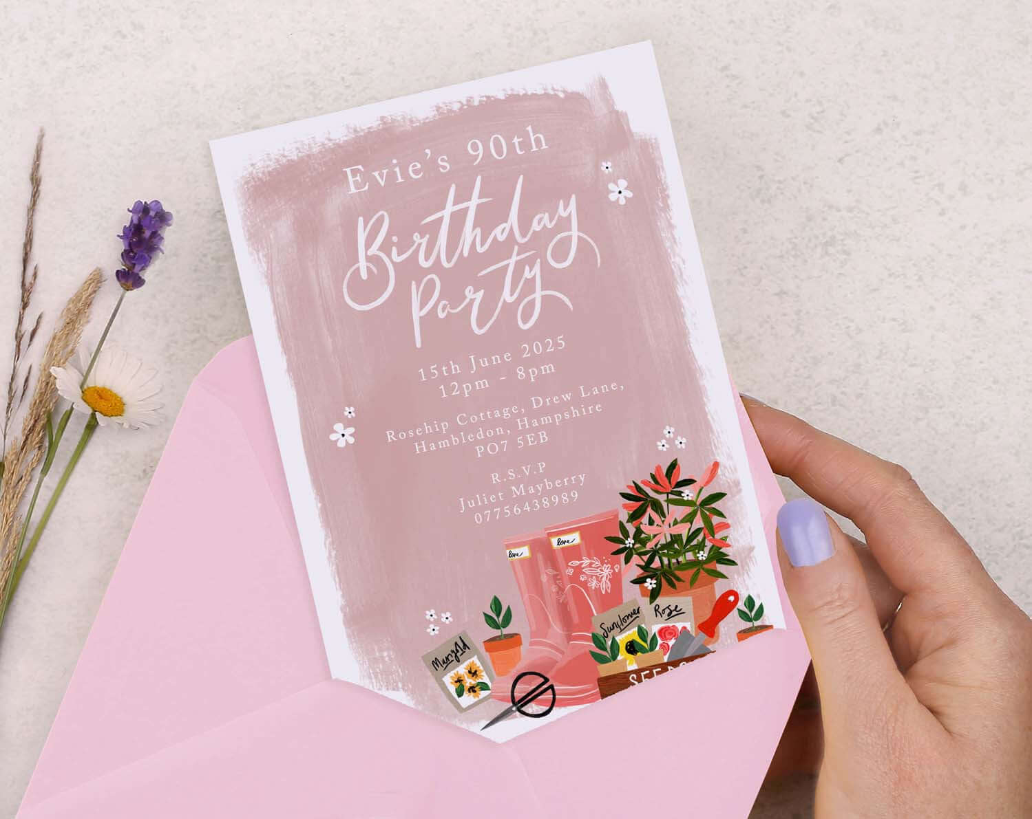 Personalised A6 Pink Gardening Birthday Invitation