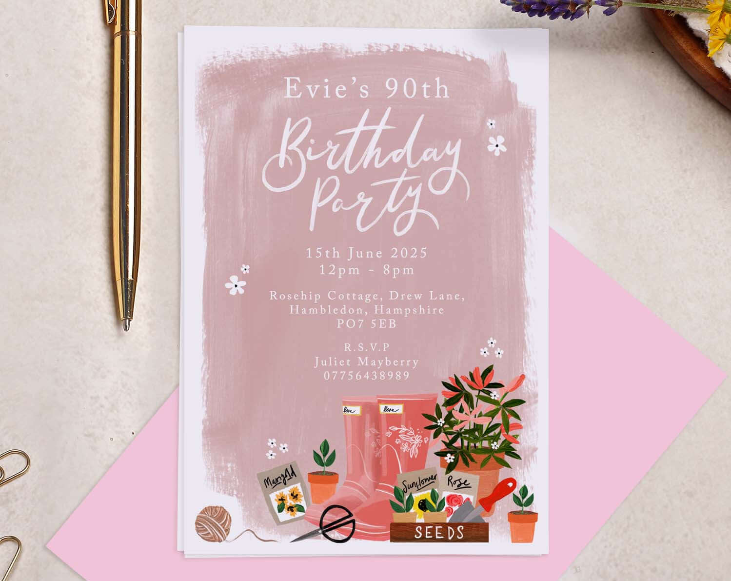 Personalised A6 Pink Gardening Birthday Invitation