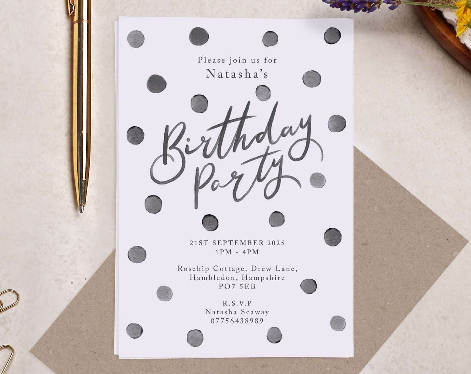 Personalised A6 Black Polka Dot Birthday Invitation