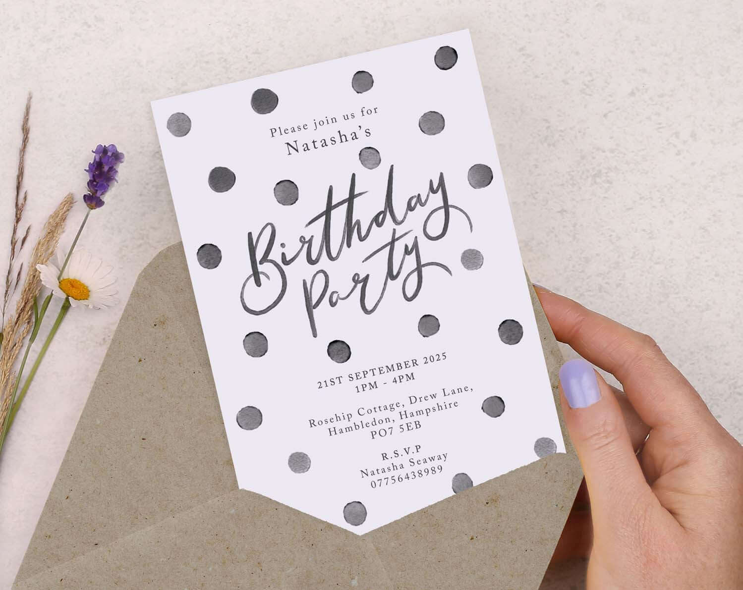 Personalised A6 Black Polka Dot Birthday Invitation