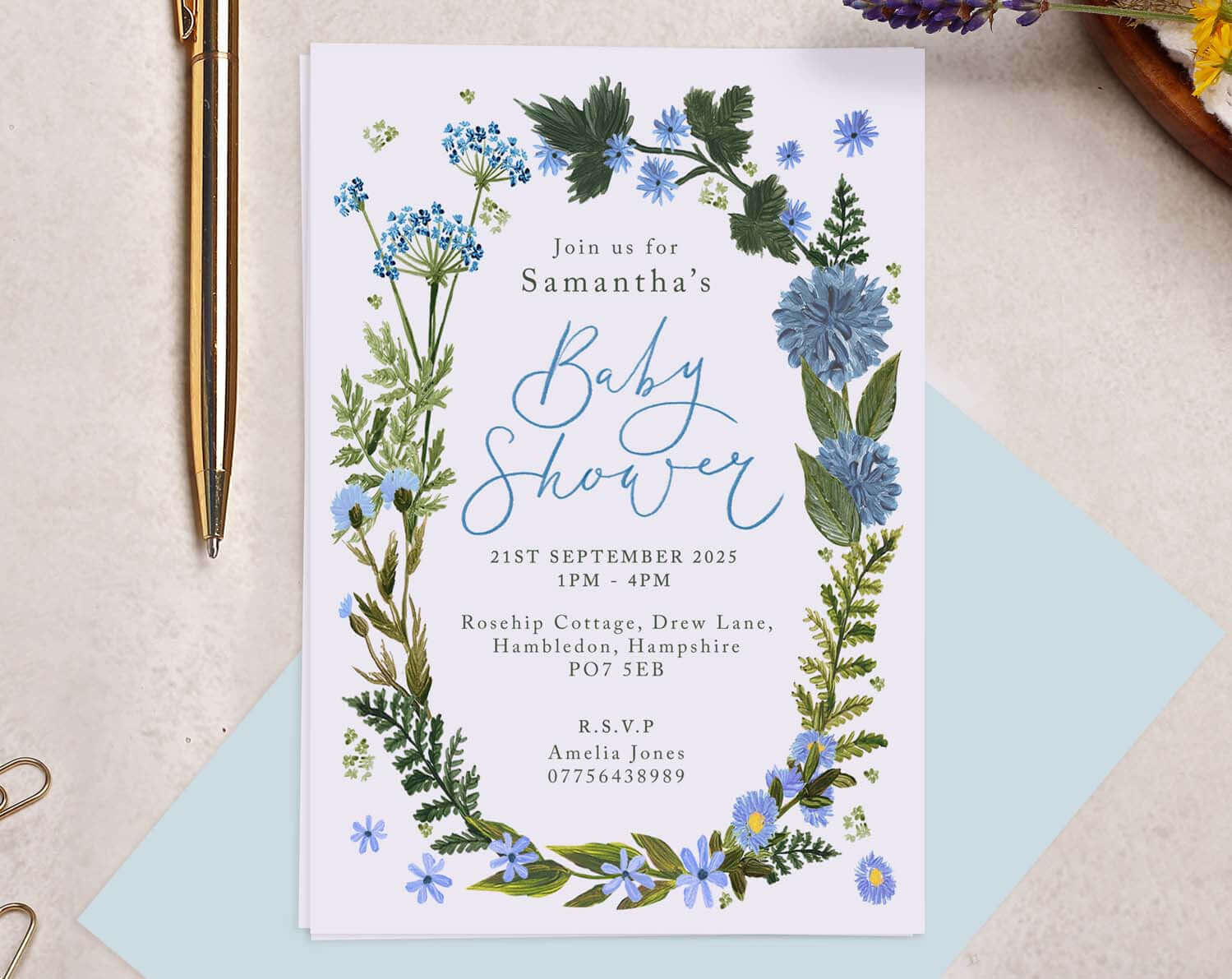 Personalised A6 Blue Floral Baby Shower Party Invitation