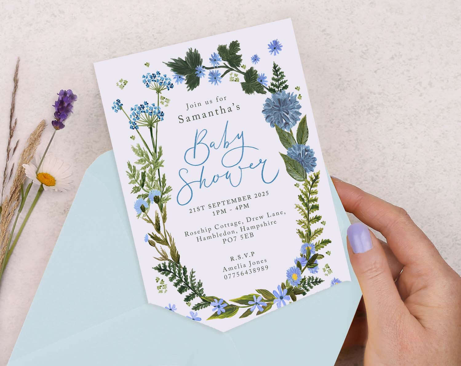 Personalised A6 Blue Floral Baby Shower Party Invitation
