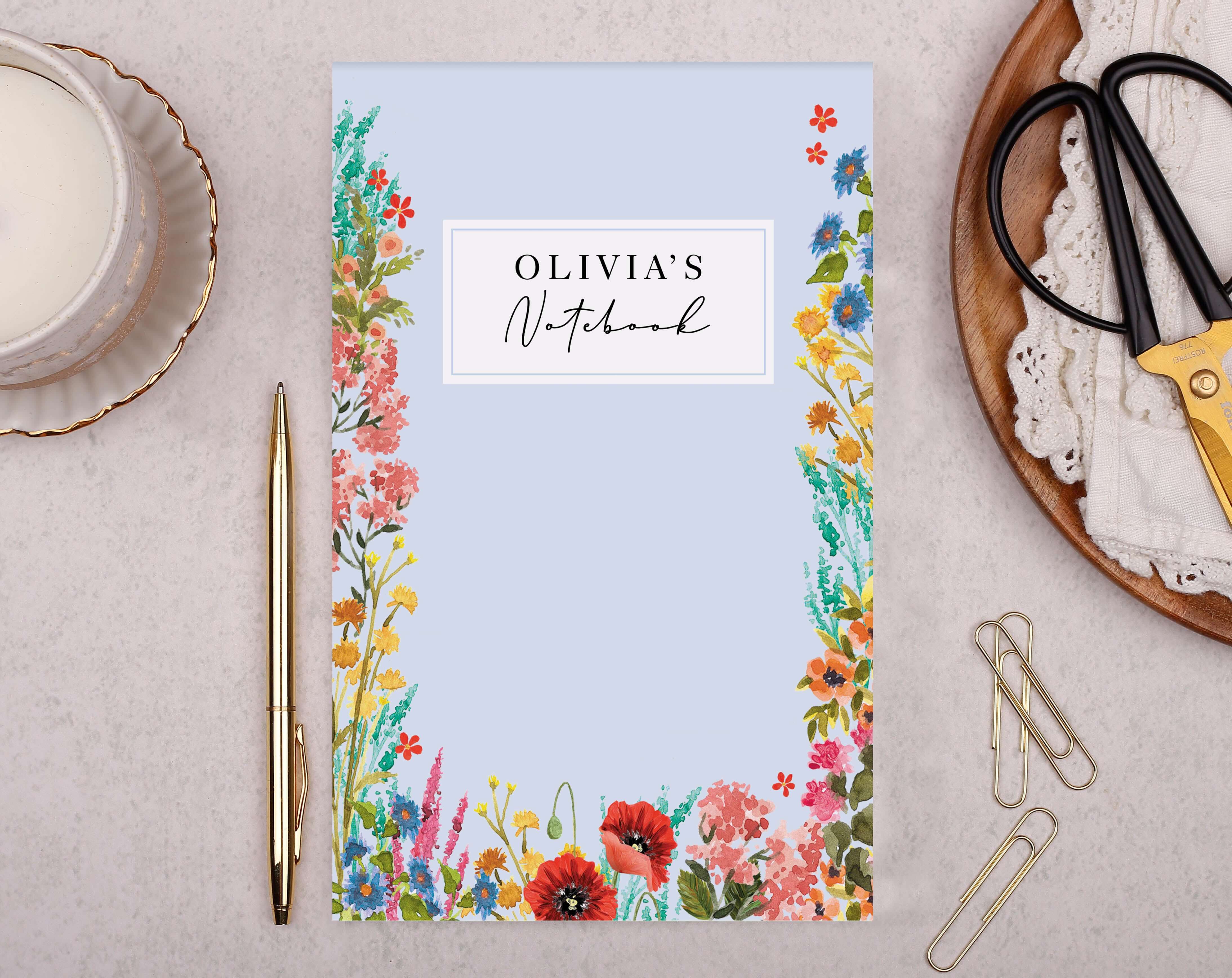Personalised Blue Floral Notebook. Notebooks & Notepads designed by Making Meadows