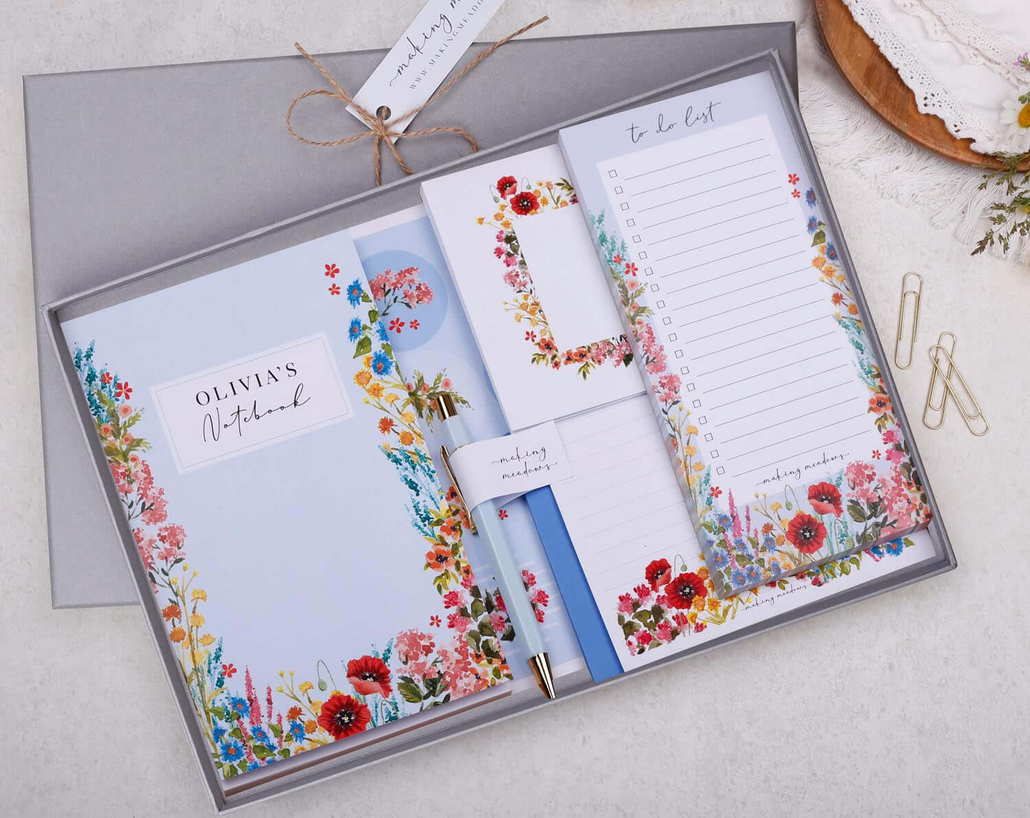 Personalised Blue Floral Stationery Box. Notebooks & Notepads designed by Making Meadows