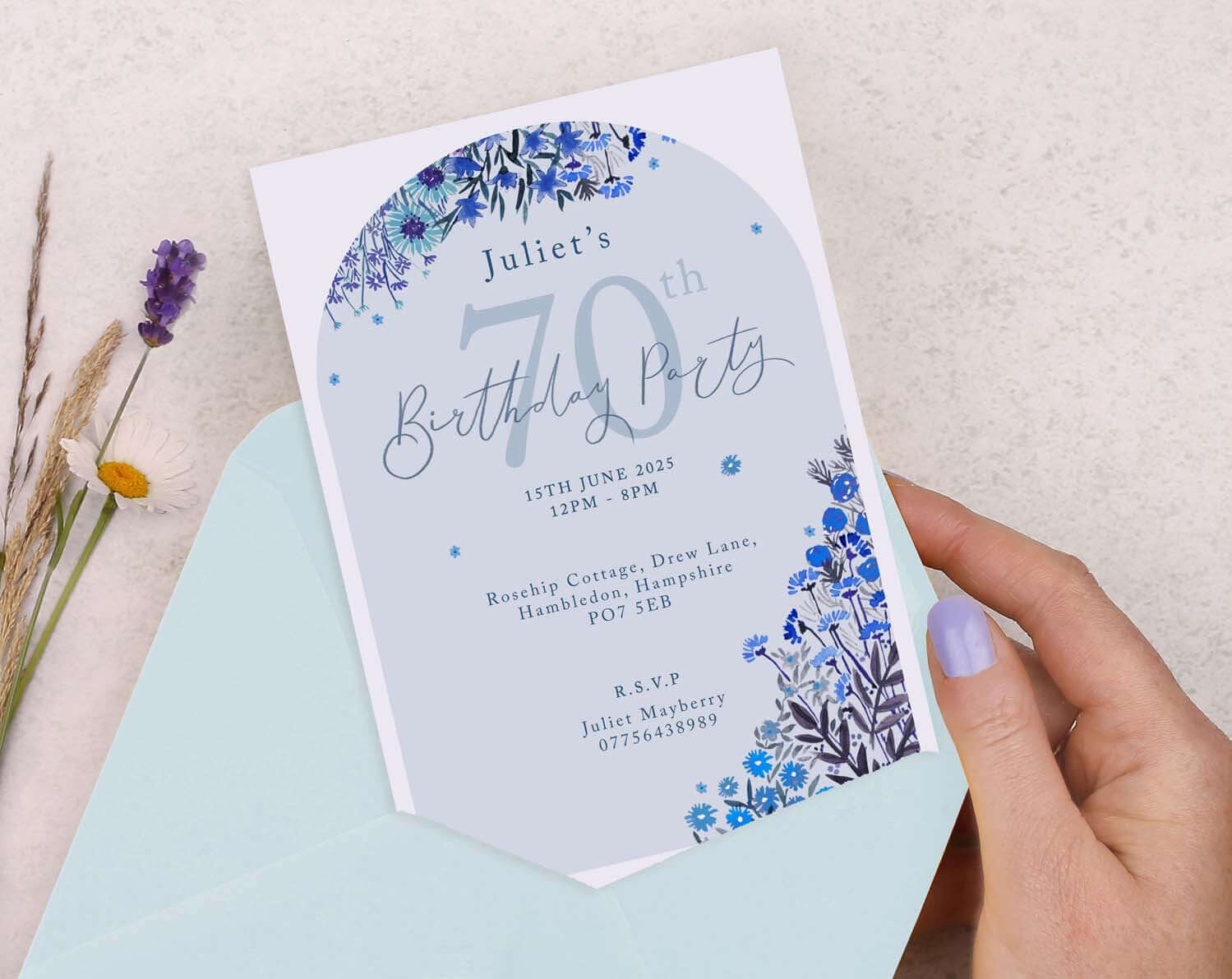 Personalised Age A6 Blue Floral Birthday Invitation