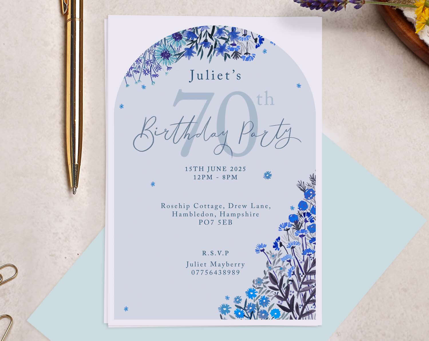 Personalised Age A6 Blue Floral Birthday Invitation