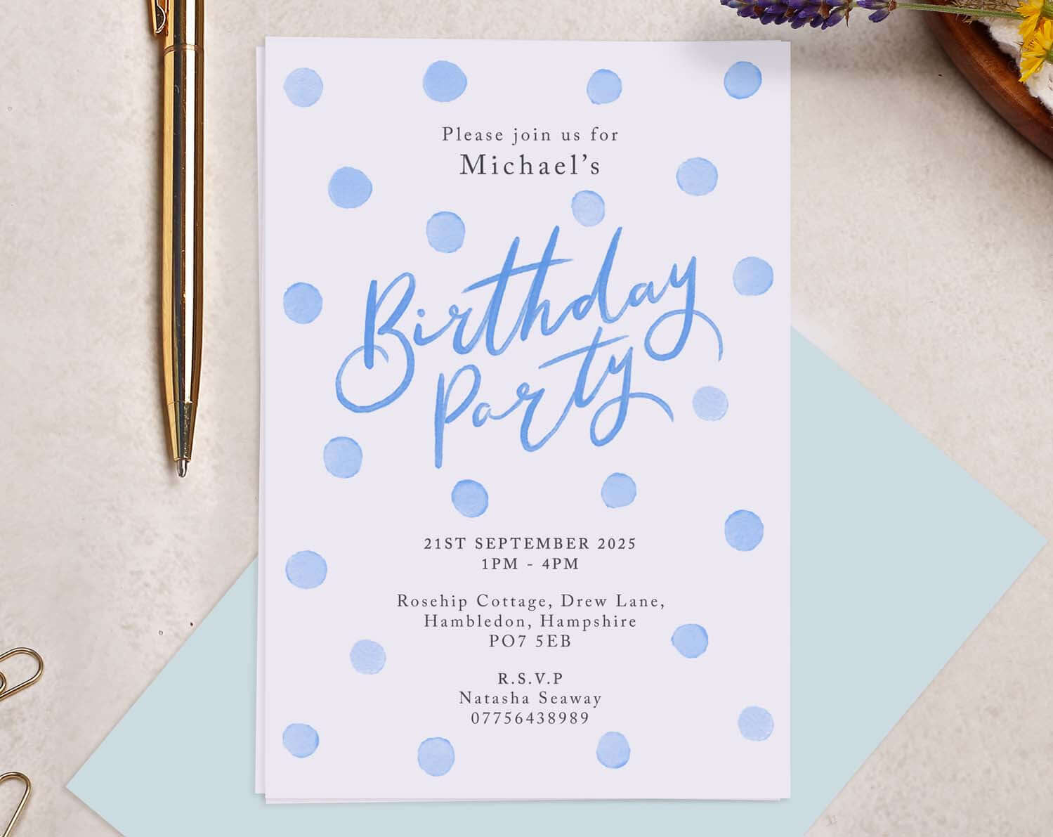 Personalised A6 Blue Polka Dot Birthday Invitation