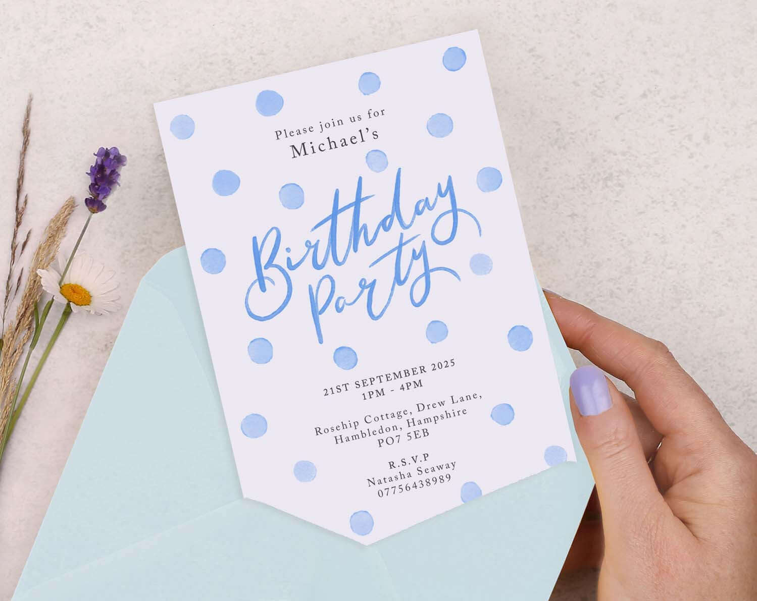 Personalised A6 Blue Polka Dot Birthday Invitation
